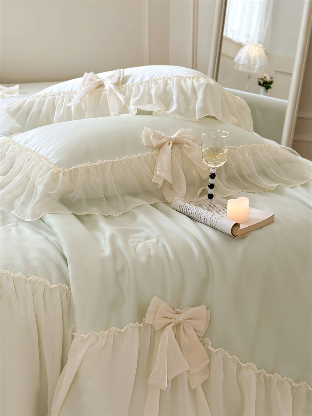 Pure Color Ruffles Princess Style Summer Quilt Tencel Summer Cooling Duvet Airable Cover Four-piece Set