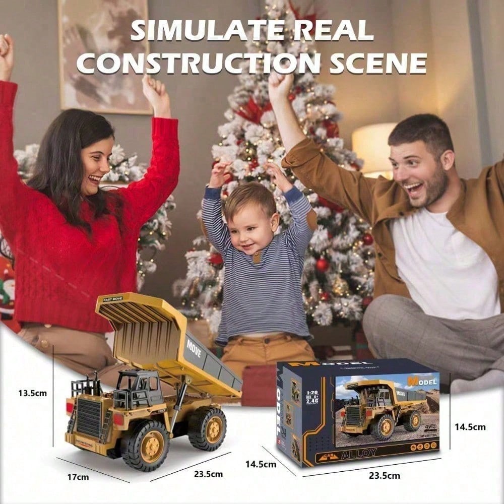 1 20 Premium 2.4G RC Alloy Dump Truck With 13 Channels, Lights, Sounds, And Rechargeable Battery, A Fun Parent Child Activity For Boys, Kids, And Families.