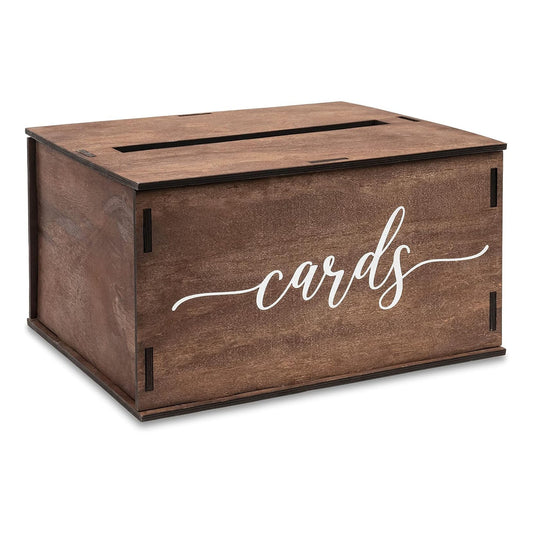 Rustic Dark Brown Wooden Wedding Card Box With Script Cards Print, Removable Lid Envelope Gift Card Holder For Wedding Reception Bridal Shower Party Decor