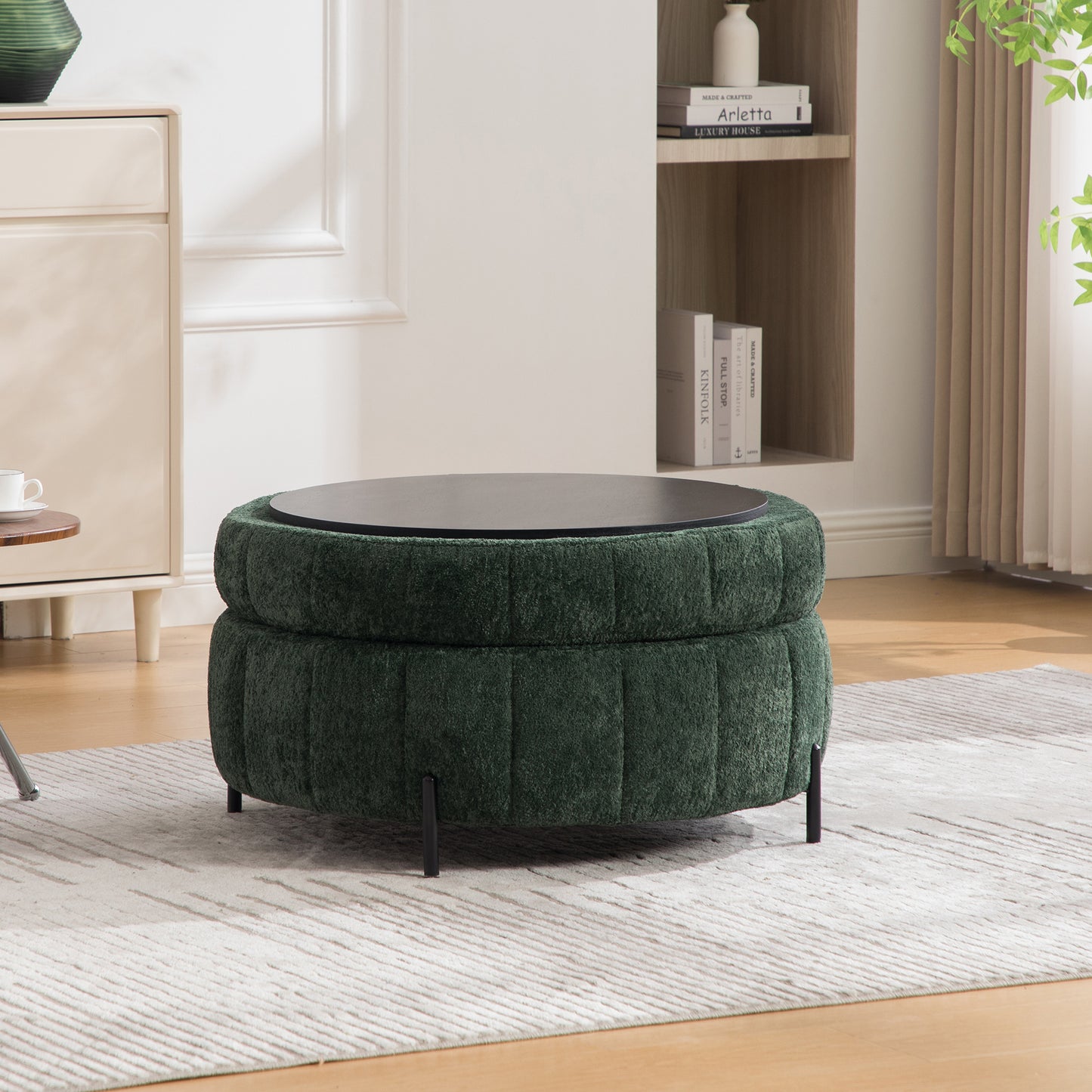 31.3 W Upholstered Round Ottoman With Reversible Lid, Chenille Storage Stool, Channel Tufted Pumpkin-shape Footstool For Living Room, Bedroom And Office, Green