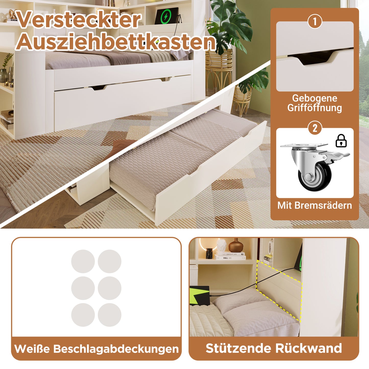 AB30394234W Single Bed 90x200 In White, Storage Bed With Pull-out Bed, 3-sided Shelves & Integrated USB Type-C Charging  Functional Bed For The Children's And Teenagers' Room, Without Mattress