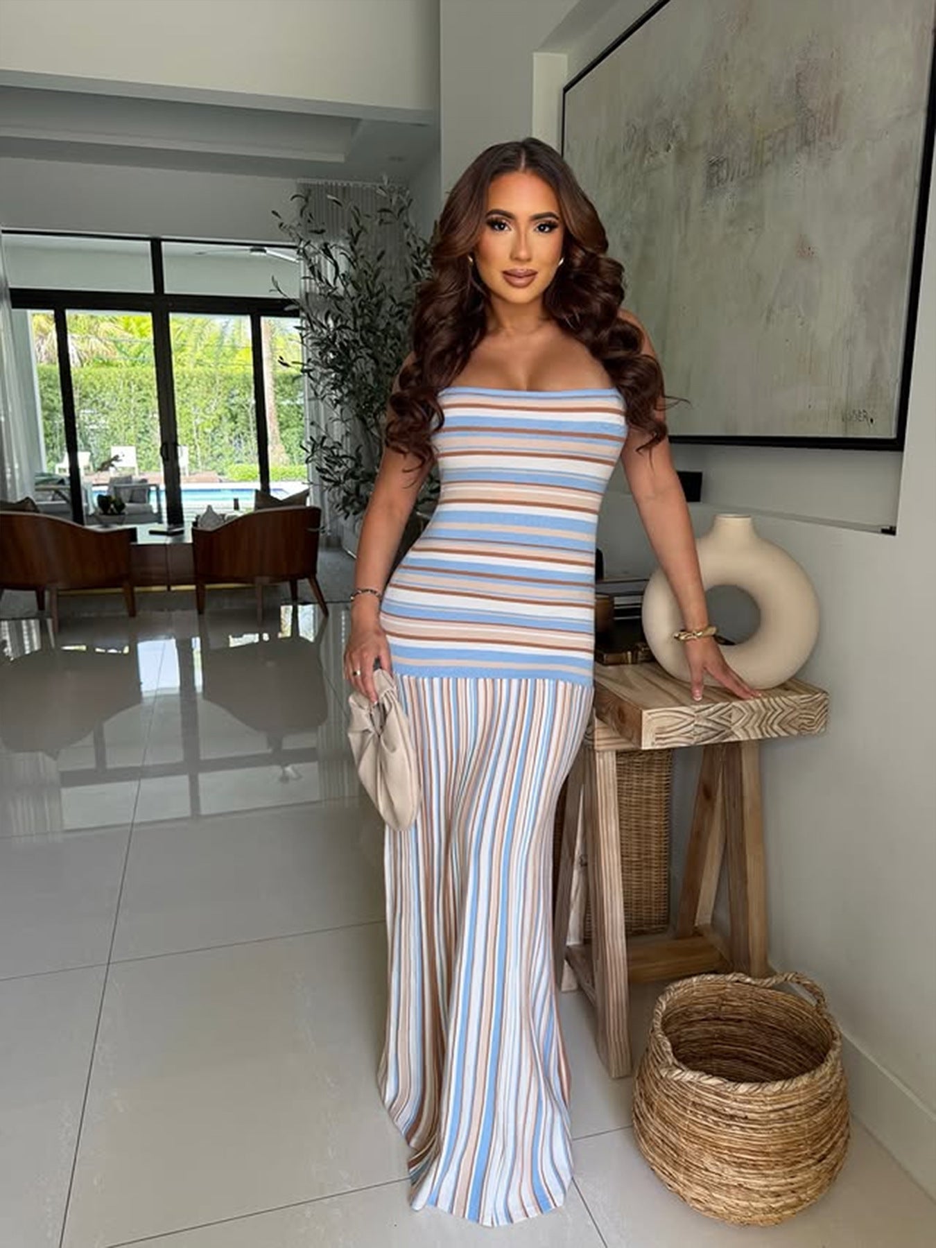 Womens Summer Fashion Strap Dress With Color-Block And Striped Backless Design