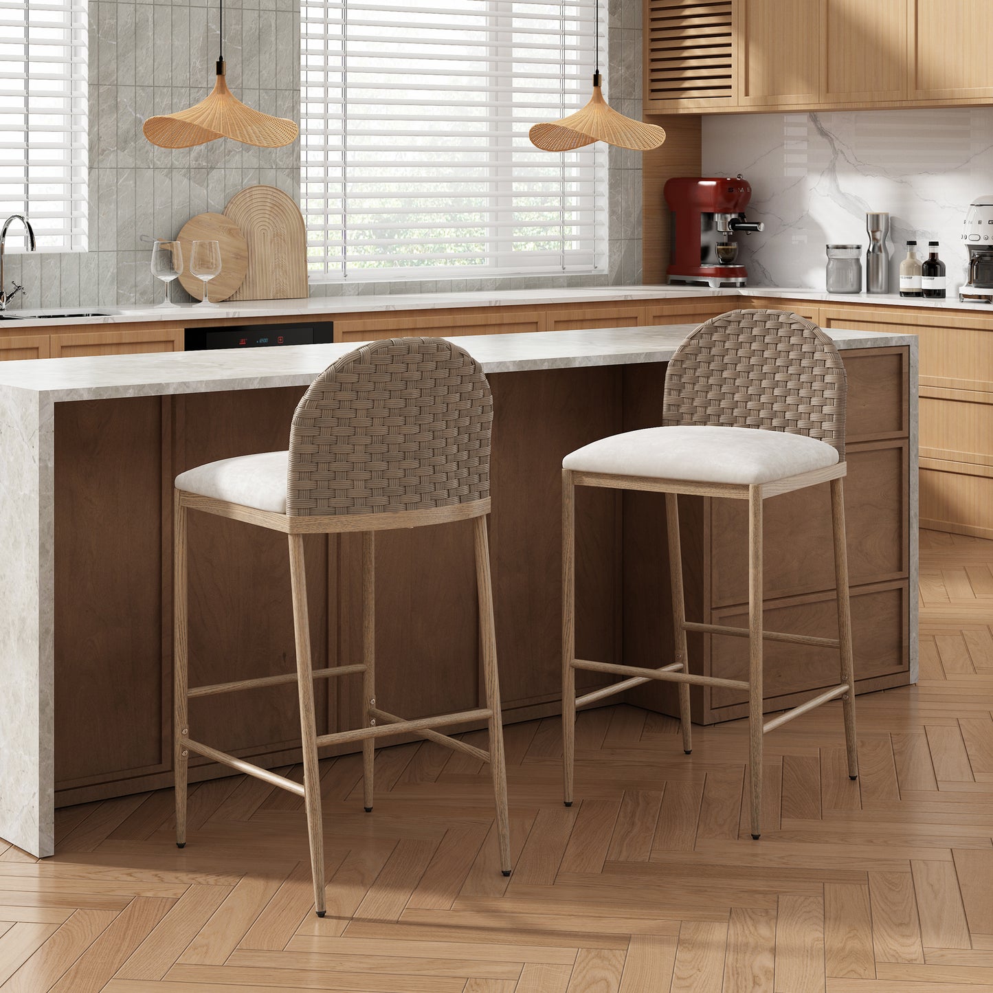 29.5  Farmhouse Barstools Set Of 2,Upholstered  Armless Iron Counter Stools With Rattan Backrest For Kitchen Dining Island Table,Brown Beige