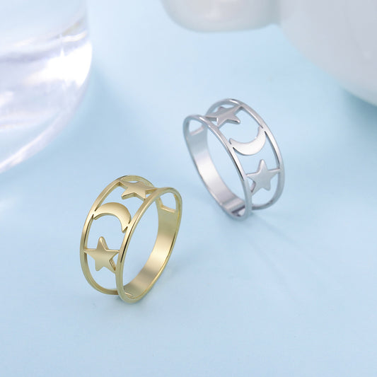 Japanese And Korean-style Hollow Star And Moon Stainless Steel Ring