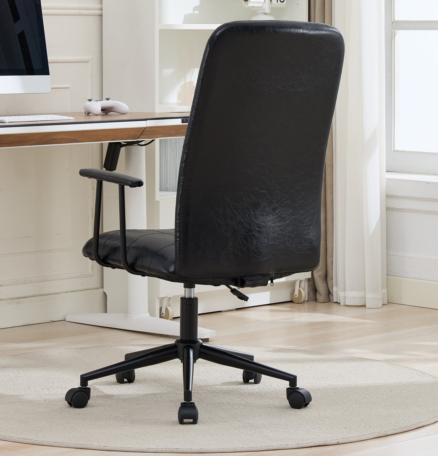 Antique Black PU Leather Color Office Chair, With Armrest, High Backrest, Soft Foam Seating, 360 Degree Swivel , Up And Down Adjustable Gaslift,black Powder Coated Frame,five Star Base, Black Wheels