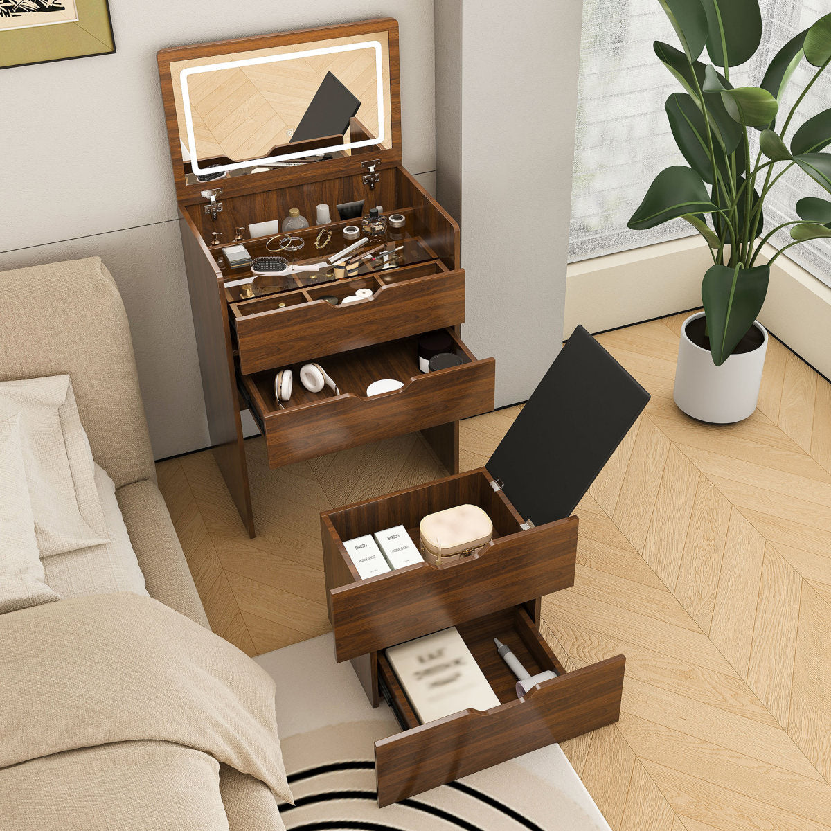 3-in-1 Vanity Desk With Lighted Mirror & Stool, Flip Top Makeup Dressing Table, Compact Storage For Bedroom, Bathroom, Dressing Room 23.62L, Walnut