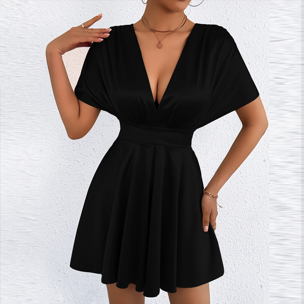 New Womens Summer V-neck Elegant Low-cut Fashionable Waist-cinching Dress