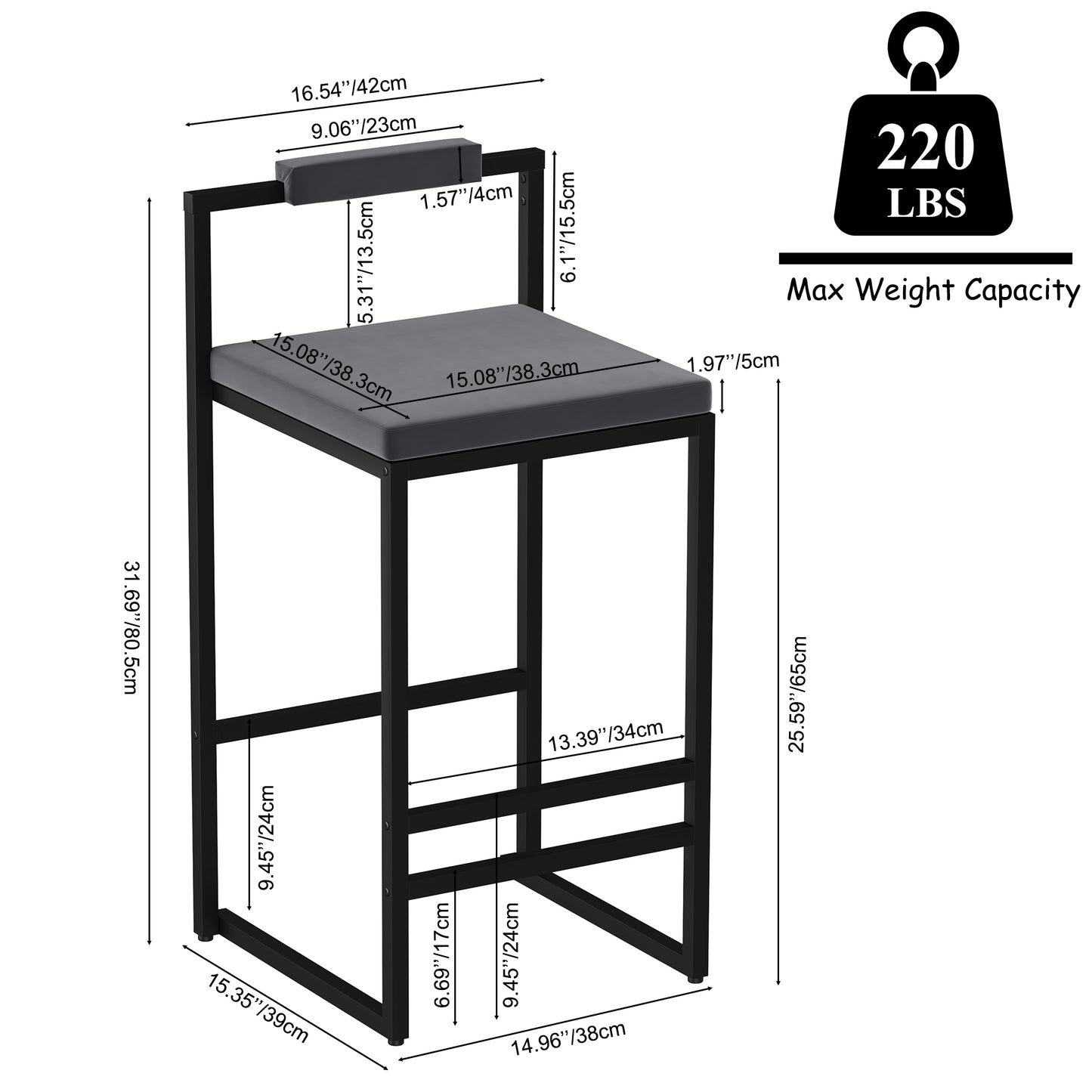Bar Stools Upholstered Velvet Counter Height Barstools For Kitchen Island Set Of 2 Modern Dining Chairs With Footrest & Backrest  Black & Gray