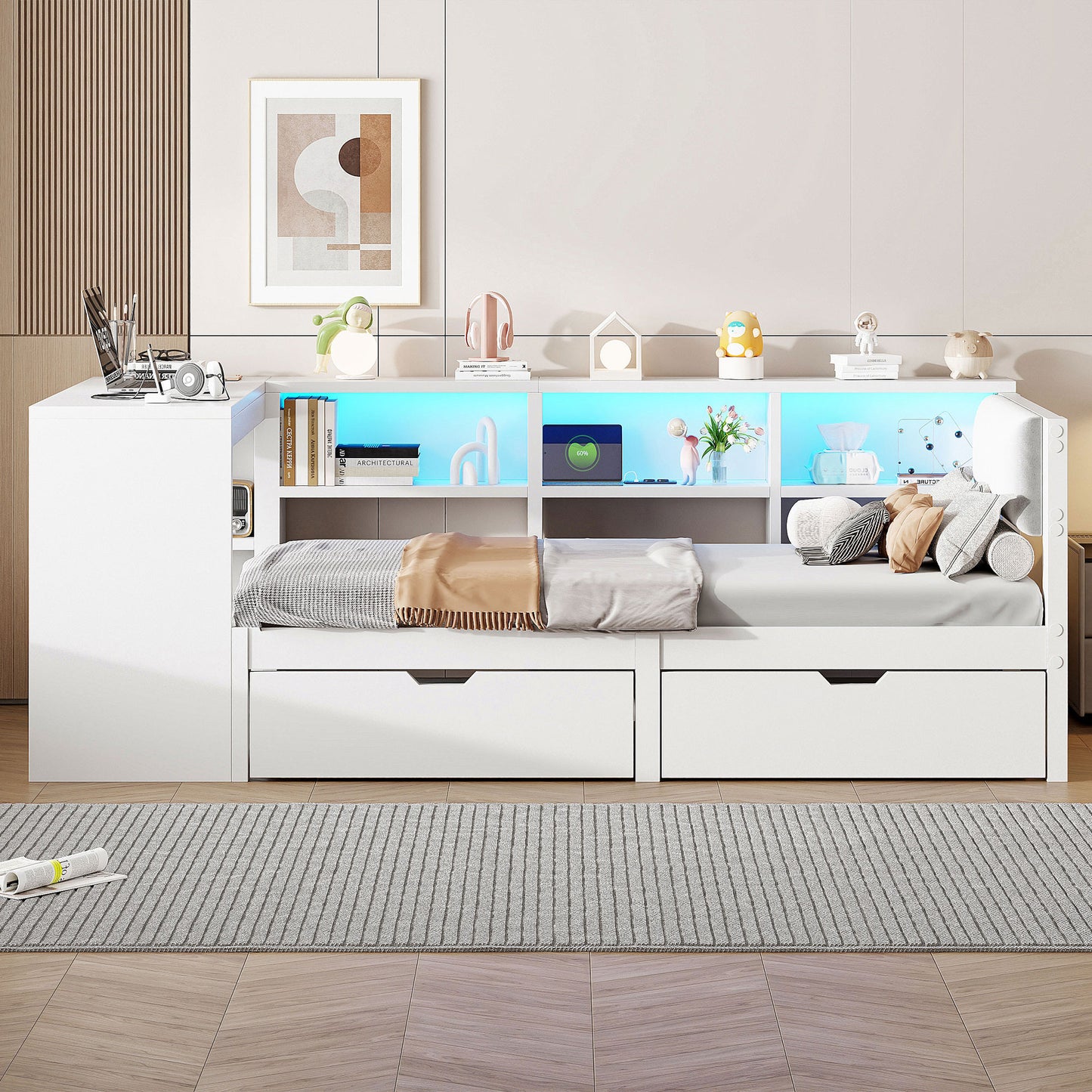 90x200 Wooden Platform Bed With Shelves, Drawers, Charging Station And Upholstered Headboard, With Colorful LED Lights, White