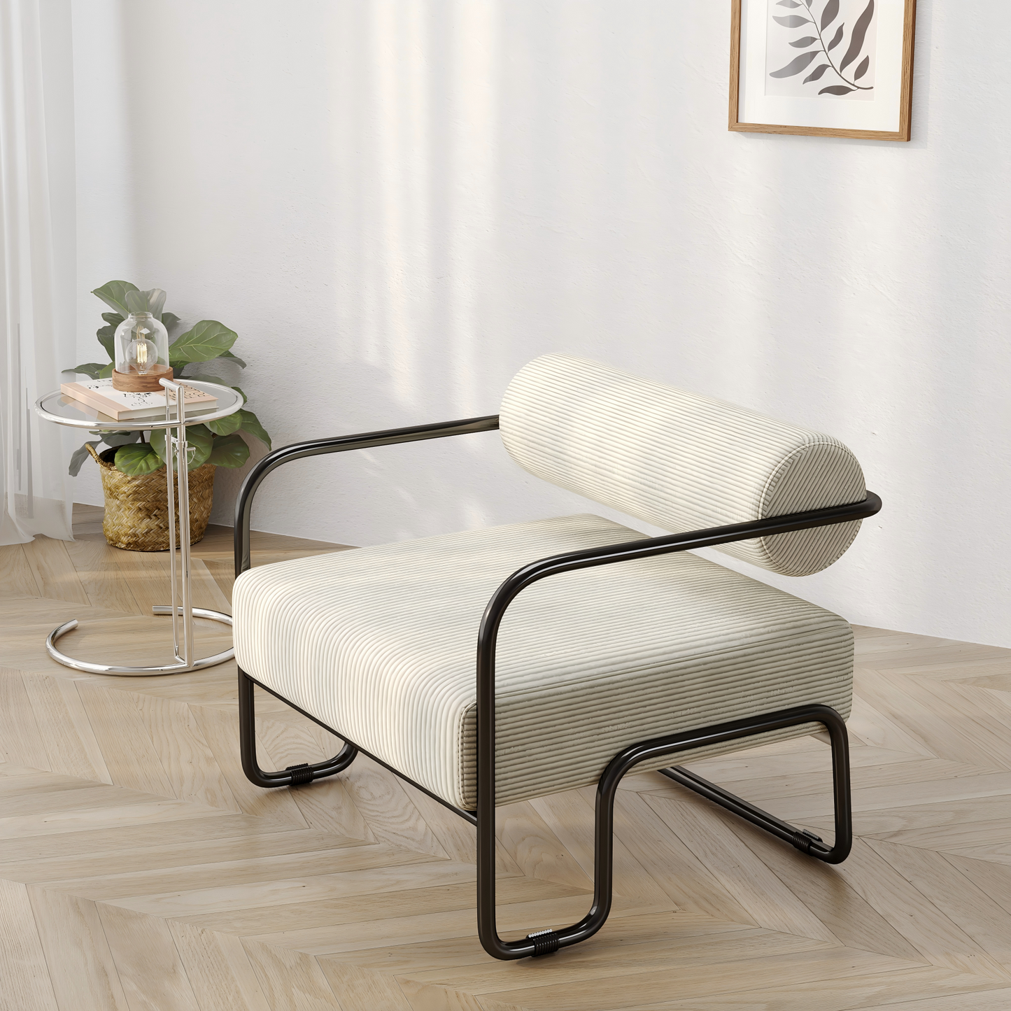 Modern Leather Armchair With Stylish Backrest 68.5x73x70.5CM - Covering In Soft Corduroy  Black Metal Frame. Minimalist Design For Living Room, Bedroom Or Office
