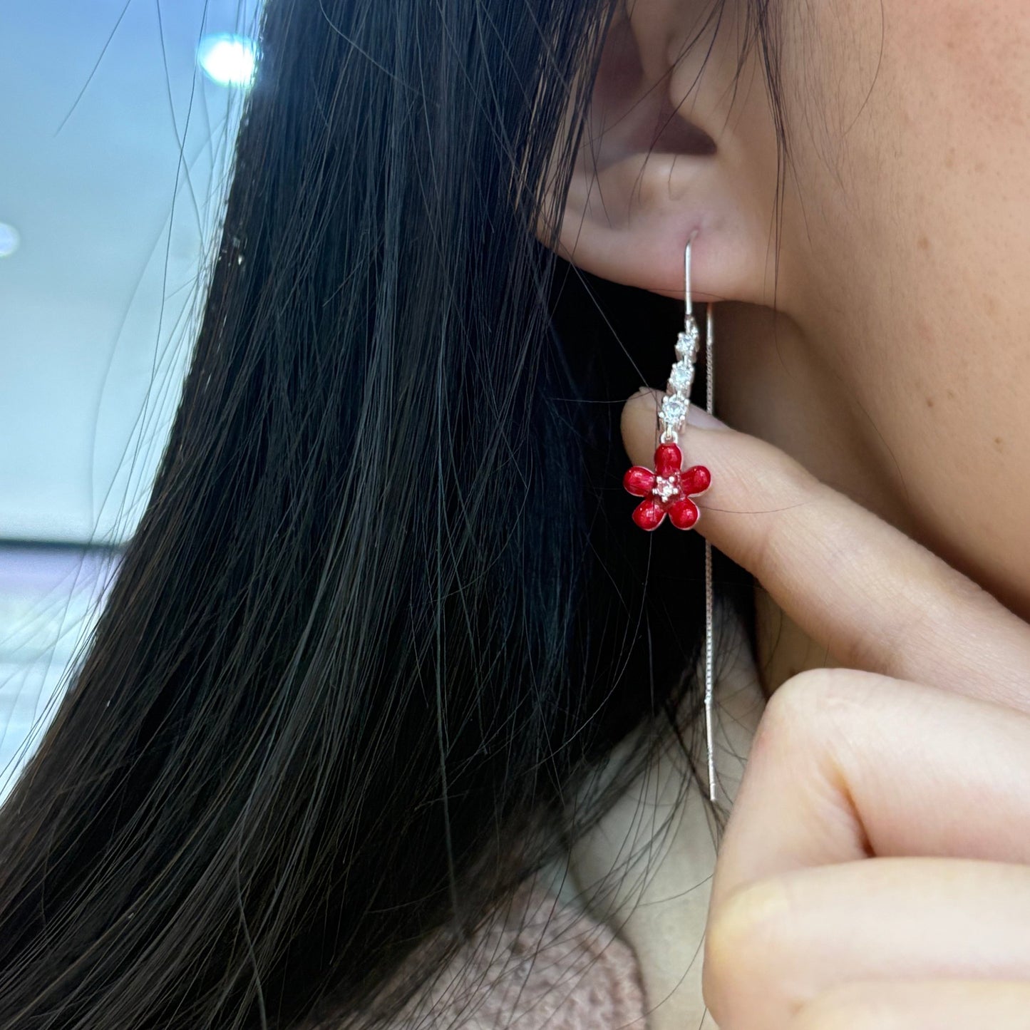 1 Pair 999 Sterling Silver Red Flower Zircon Long Threader Earrings, Sweet & Elegant, Perfect For Daily, Dating & Gifting, Ideal Valentine's Gift