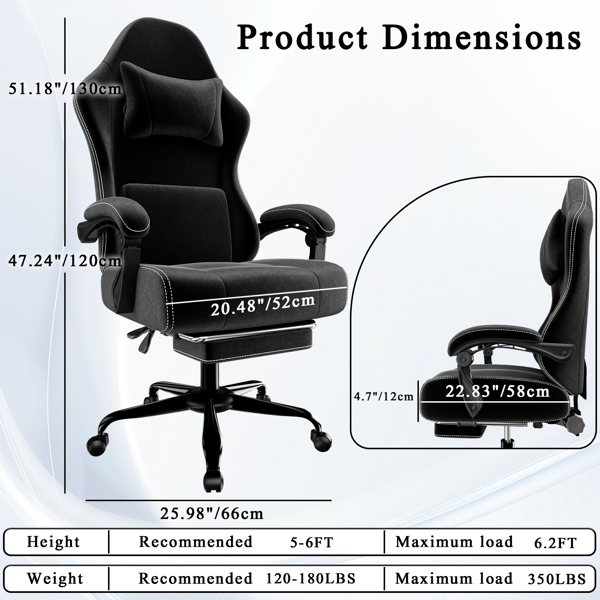 Ergonomic Gaming Chair, Video Game Chair With Massage Lumbar Support And Footrest, Height Adjustable Fabric Computer Chair With Pocket Spring Cushion