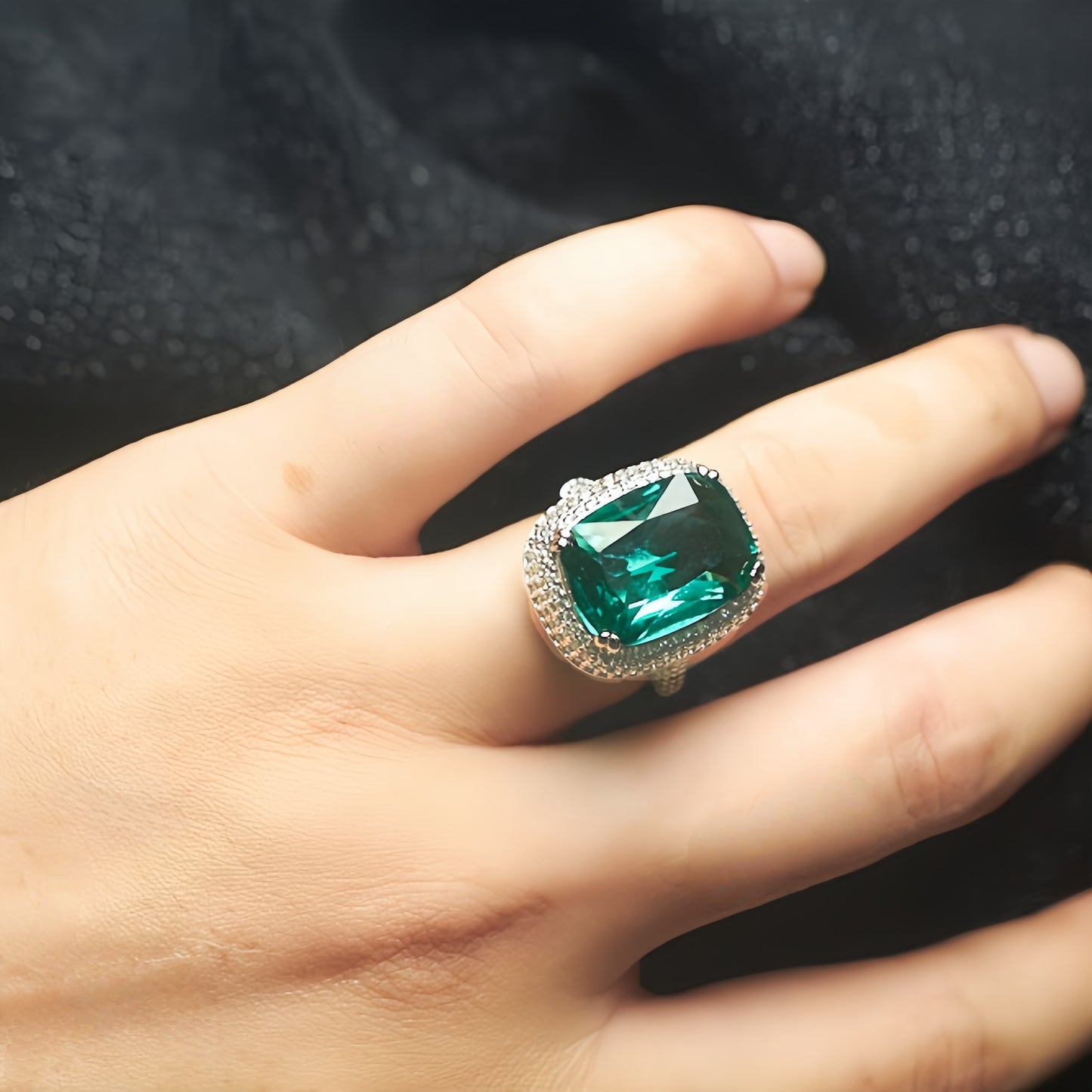 Rectangular Emerald Green CZ Double Halo Open Adjustable Statement Ring For Women, Copper Silver Plated Full Pave White Crystal Vintage Wedding Banquet Jewelry Gift