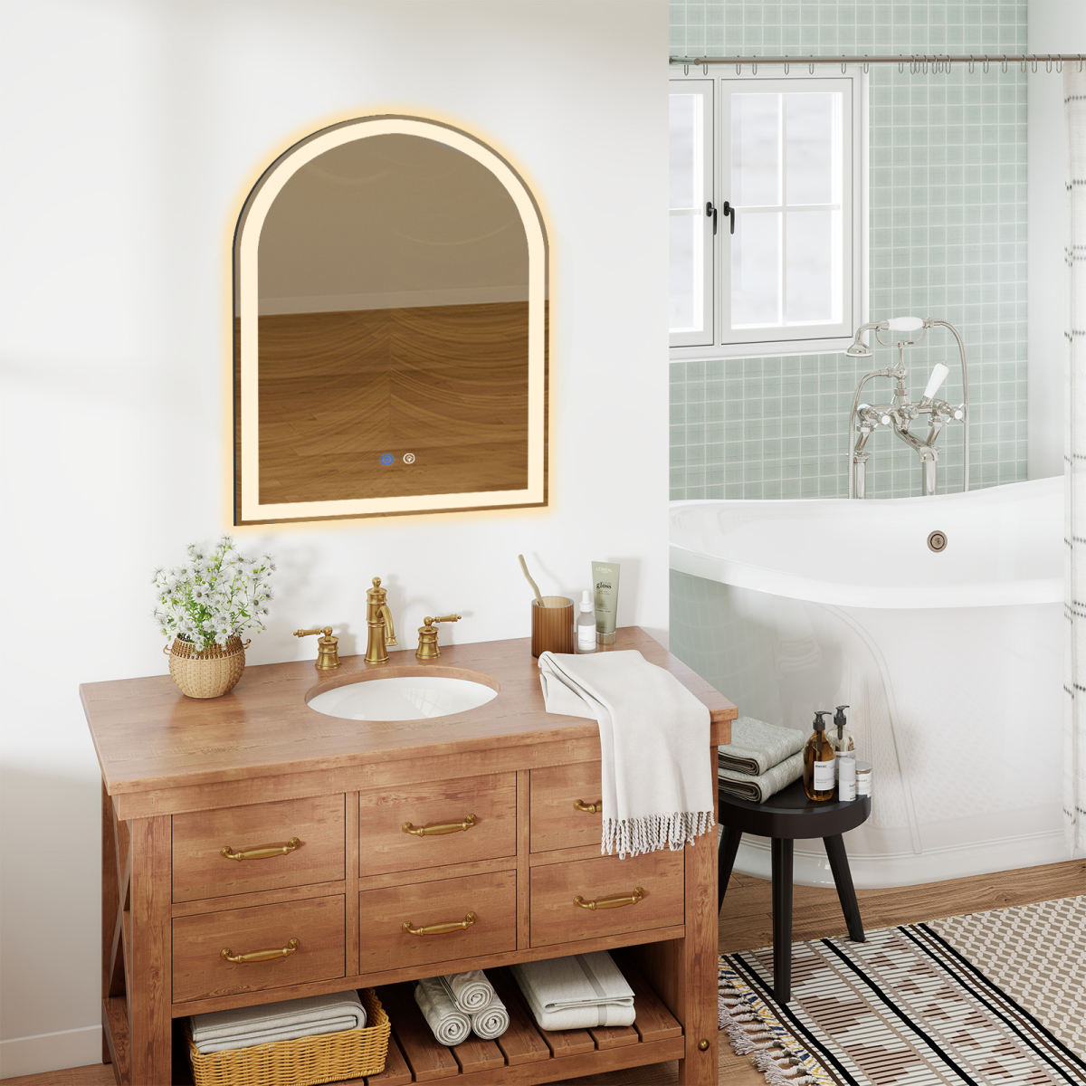 Smart Anti-fog LED Bathroom Mirror Arch Shape Dual Light 3 Color Temperatures Memory Dimming
