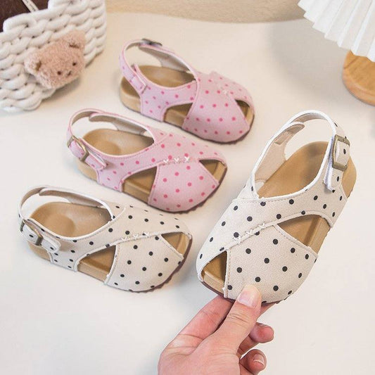 Girls' Trendy Polka Dot Frosted Leather Sandals With Korean Leopard Print, Niche Boken Sandals