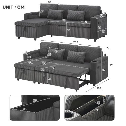 3 In 1 Convertible Corduroy Sofa Bed With Storage Chaise, L Shaped Sleeper Sofa Couches With Armrest Storage And Charging Station. Pullout Sectional Daybed For Living RoomBedroomOffice, Grey