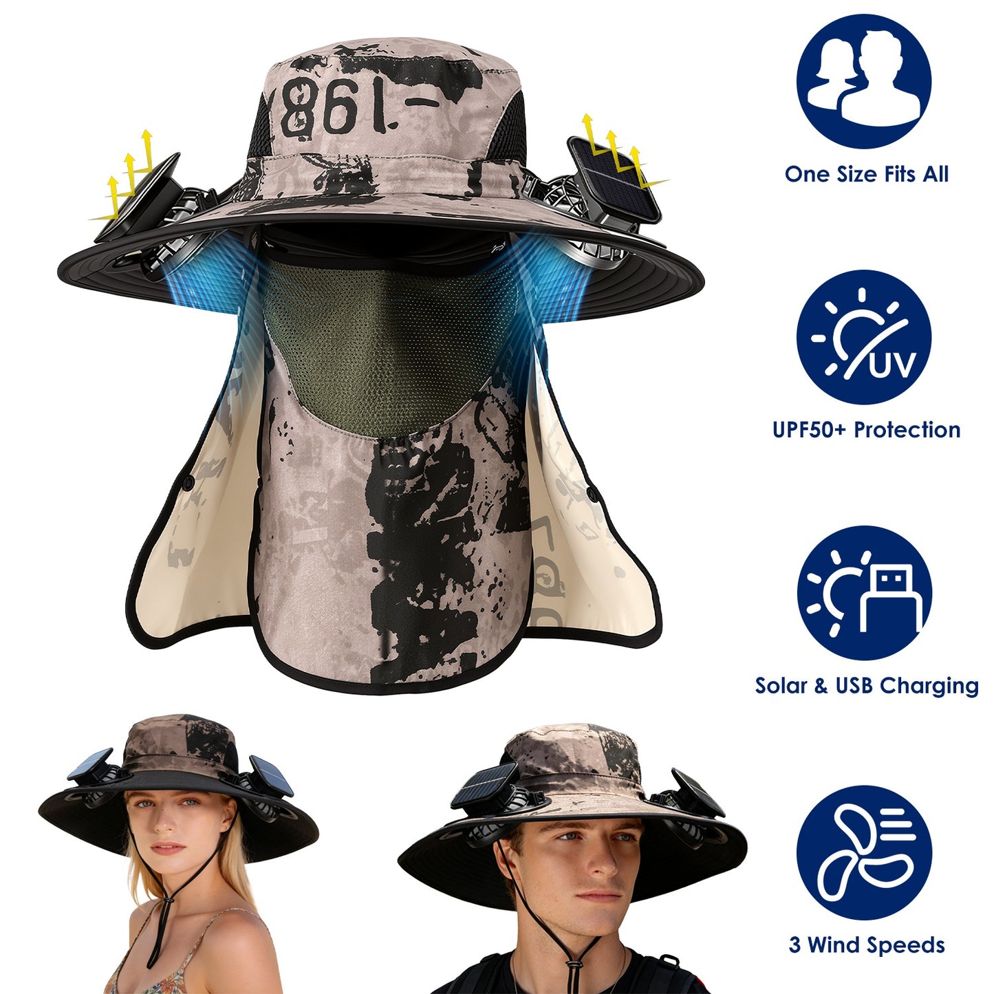 1Pc 2 In 1 Solar Fan Hat UPF50 Sun Hat With Fans Wide Brim Fishing Hat With Face Cover Neck Flap Solar USB Charging For Hiking Gardening Outdoor Work
