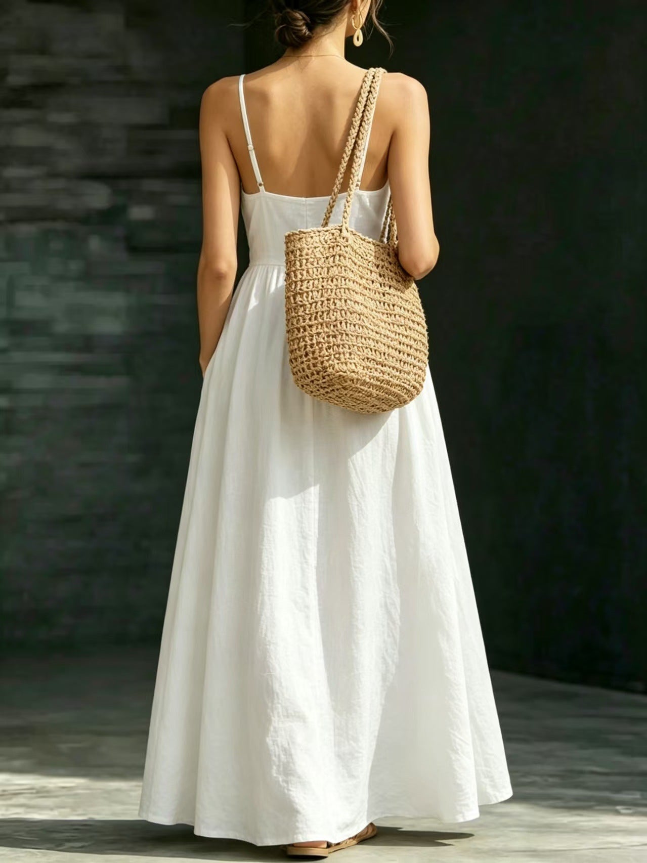 Summer V-Neck Spaghetti Strap Maxi Dress With Pockets - Elegant Vacation & Office Wear For Women