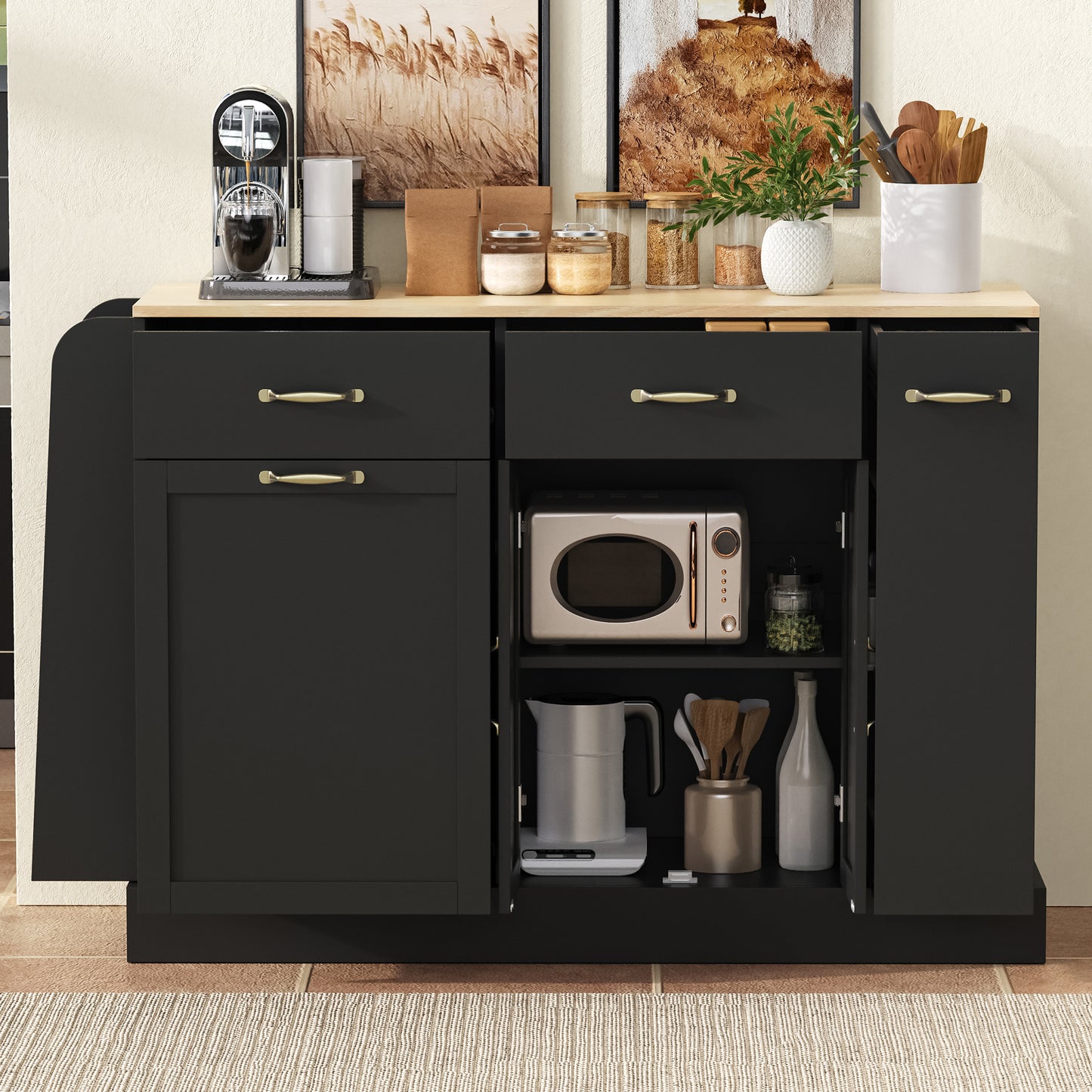 Modern Sideboard With Different Drawers, Buffet Cabinet With Waste Bin Compartment And External Spice Rack For Dining Room, Living Room And Kitchen  Black