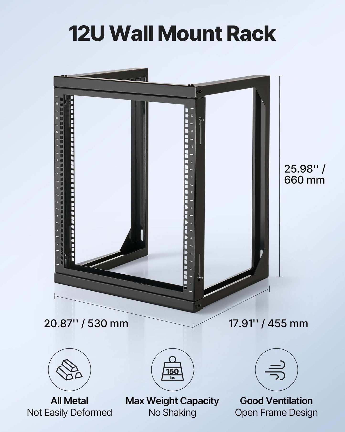 12U Wall Mount Server Rack, 150 Lbs Max Load Capacity, Open Frame Network Rack With 180 Degrees Gate Swing, Carbon Steel, For 19-Inch IT Network Equipment & AV Devices Computer Server, Black