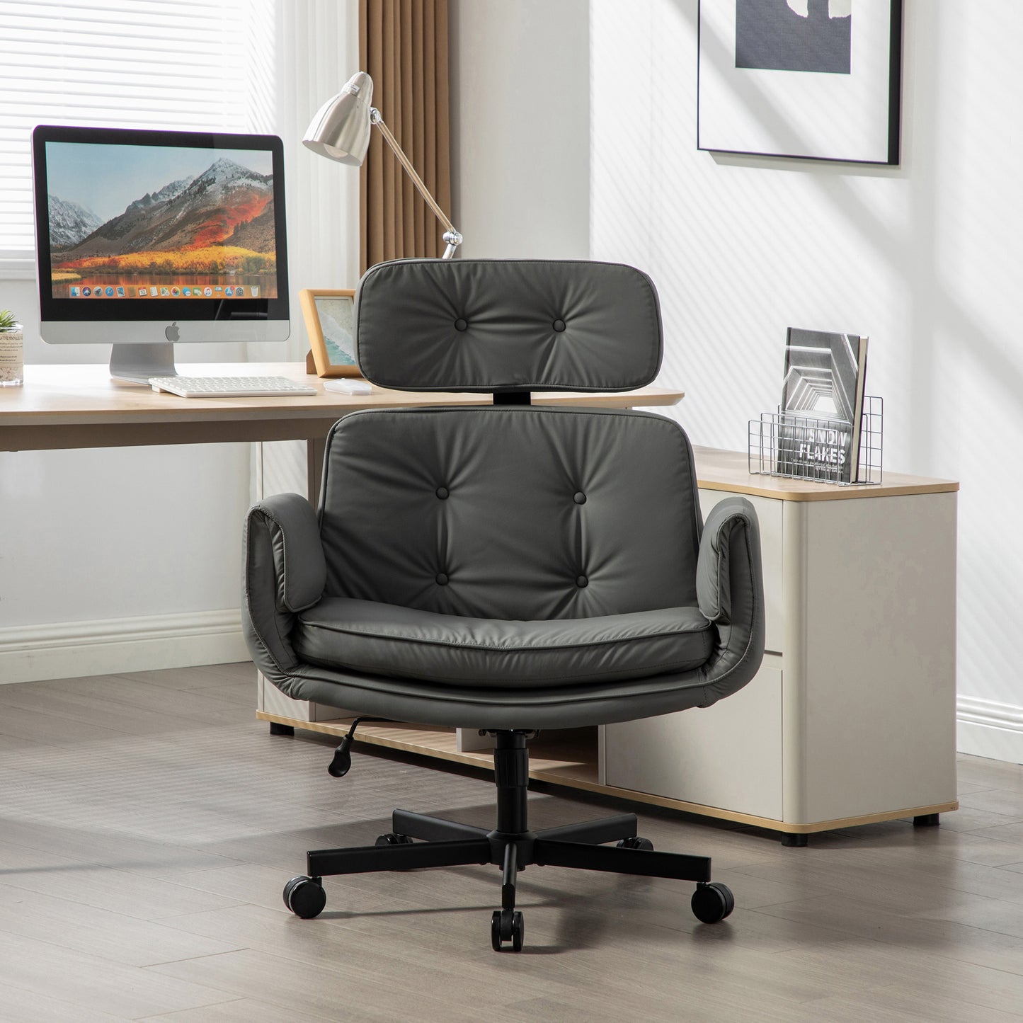 Criss Cross Chair With Adjustable Armrests & Wheels & Headrest, PU Lounge Vanity Desk Chair With Wide Seat For Cross-Legged Sitting, Swivel Task Office Chairs For Home, Makeup, Gaming, Office, Gray