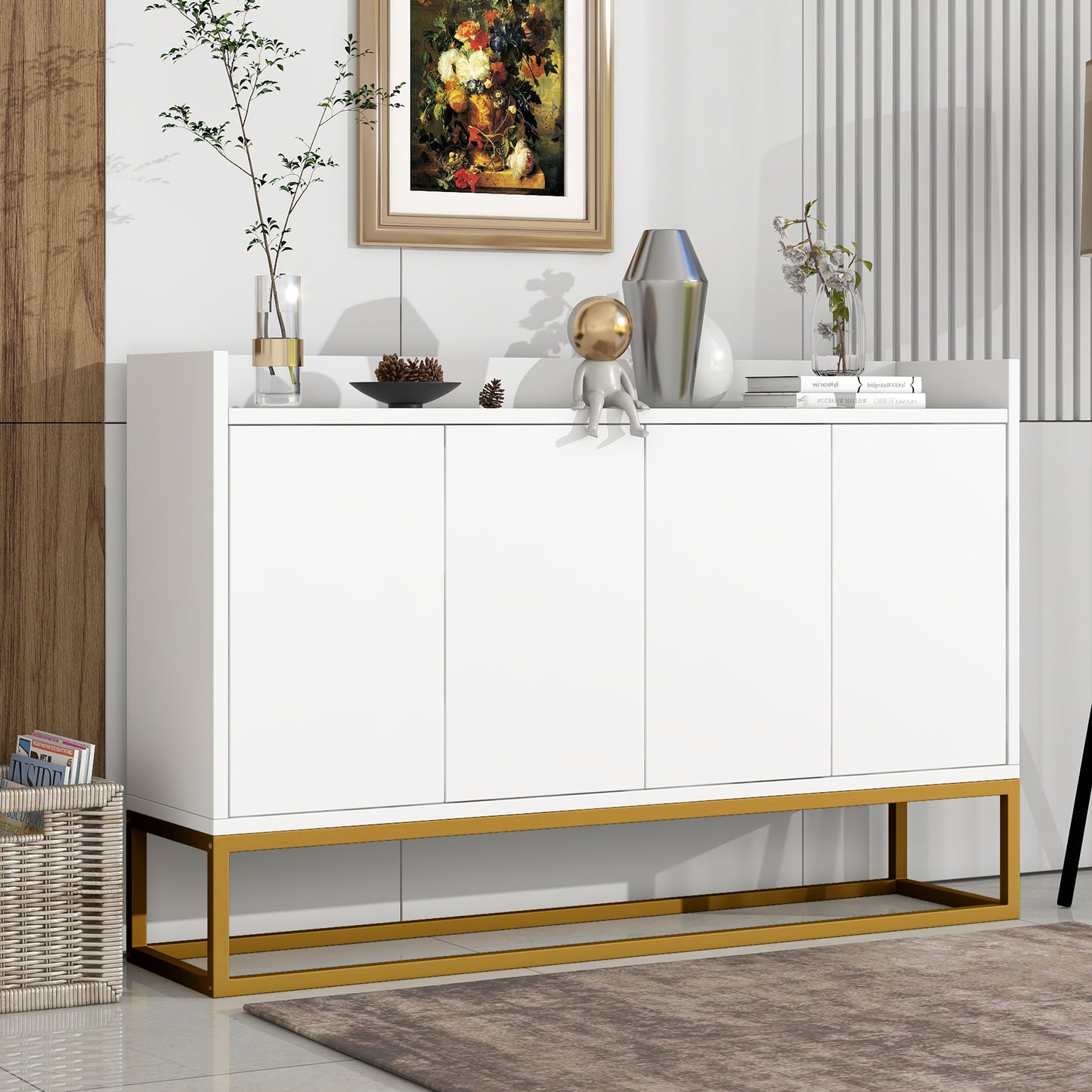Modern Minimalist Style Sideboard 4 Door Handleless Buffet Cabinet For Dining Room, Living Room, Kitchen  White