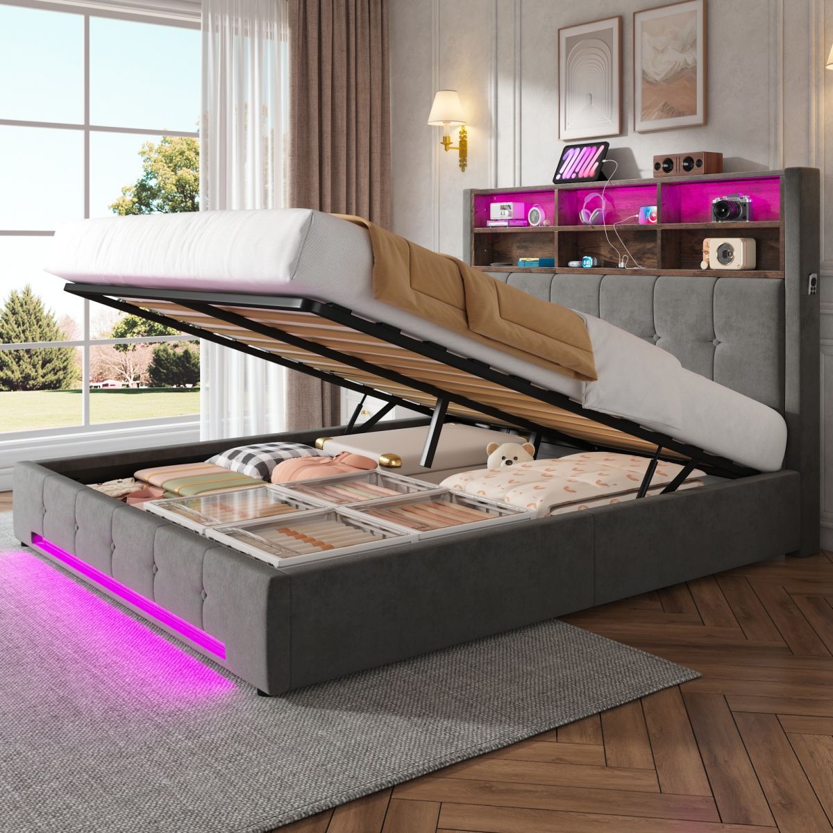 160x200 Cm Velvet Bed With Multifunctional Headboard 6 Compartments, Side Pockets, USB-C, LED, Hydraulic Function And Large, Dust-proof Storage Space Under The Bed - Practical Choice For The Bedroom.