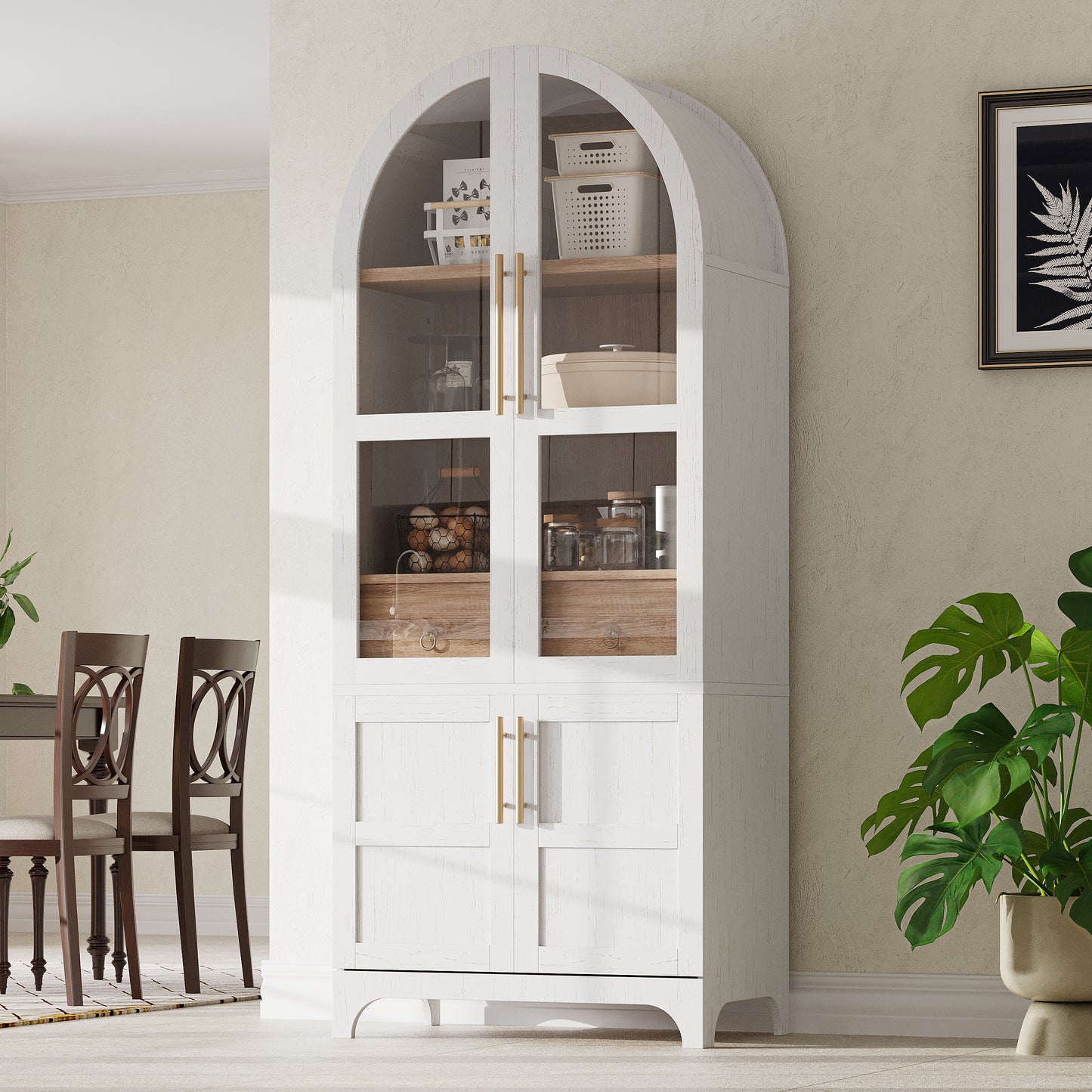 K&K 71  Tall Arched Kitchen Pantry Cabinet With Door Shelves, Farmhouse Kitchen Storage Cabinet With Open & Adjustable Shelves, Hidden Drawer & Glass Door, Cupboard For Kitchen, Dining Room, White