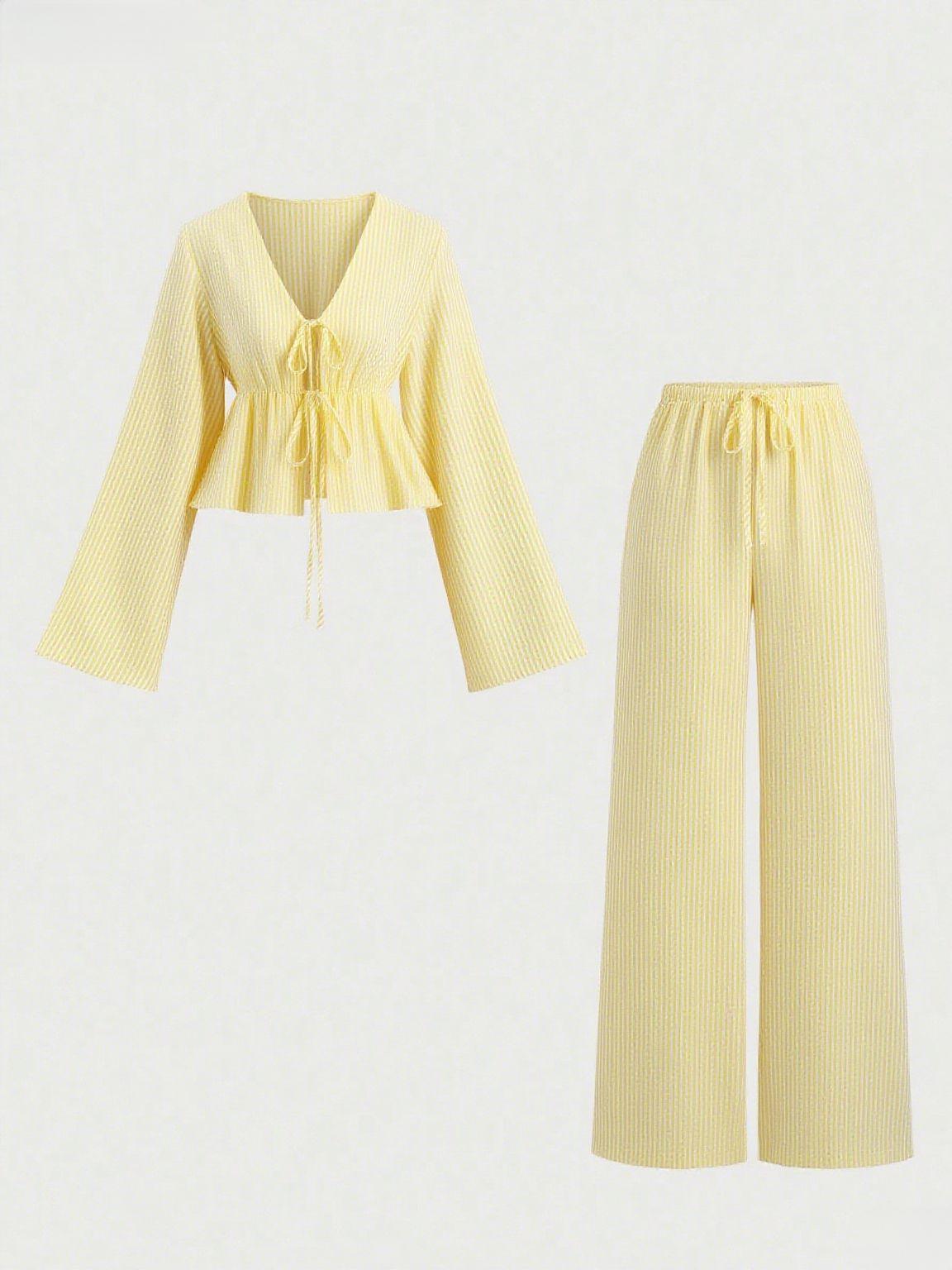 New Stylish Premium-feel Striped Loose-fit Belted Top With Casual Long-sleeve Set