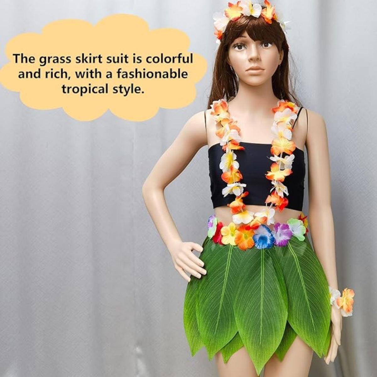 6-Piece Hawaiian Costume Set: Hawaiian Grass Skirt With Flower Necklace, Pineapple Sunglasses, Party Costume,Tropical Party, Beach Party, Palm Leaf Skirt, Party Accessories, Hawaiian Hula Skirt