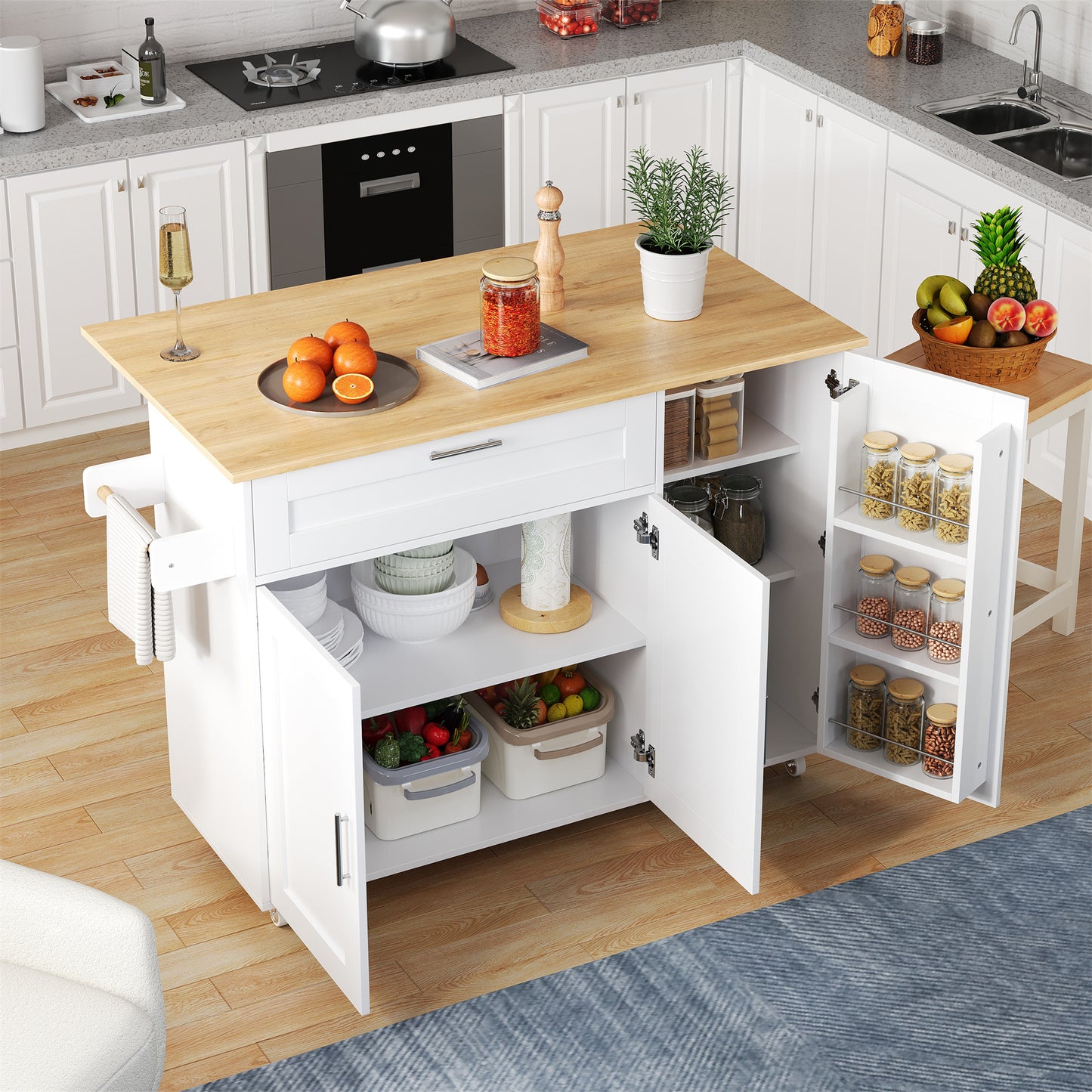 N635P21858284D 132.5X44X90cm Large Mobile Kitchen Table, Foldable Countertop, Oak Grain, Multifunctional Cabinet, Spice Rack, Towel Rack, 5 Wheels, Suitable For Kitchen Dining Home