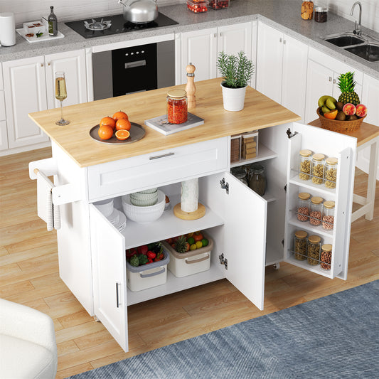N635P21858284D 132.5X44X90cm Large Mobile Kitchen Table, Foldable Countertop, Oak Grain, Multifunctional Cabinet, Spice Rack, Towel Rack, 5 Wheels, Suitable For Kitchen Dining Home