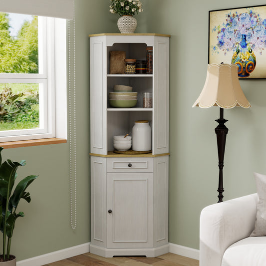 68  Tall Corner Cabinet, Freestanding Corner Storage Cabinet With 1 Door, 1 Drawer And A Adjustable Shelf, Farmhouse Bar Storage Cabinet For Living Room, Dining Room, Kitchen, Bathroom-Antique White