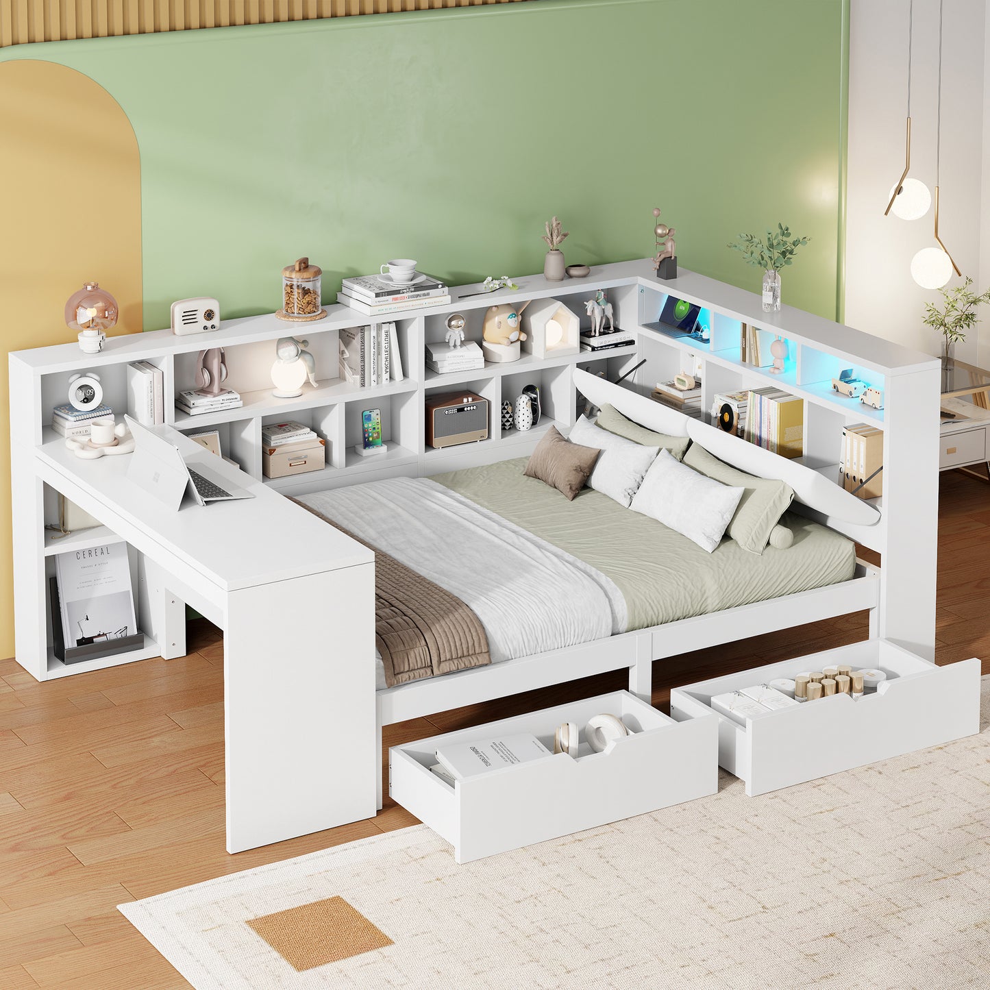 140x200 L-Shaped Wooden Platform Bed With Desk And Bookcase, Corner Captain's Bed With Upholstered Headboard, Under-Bed Drawers, LED Light - White