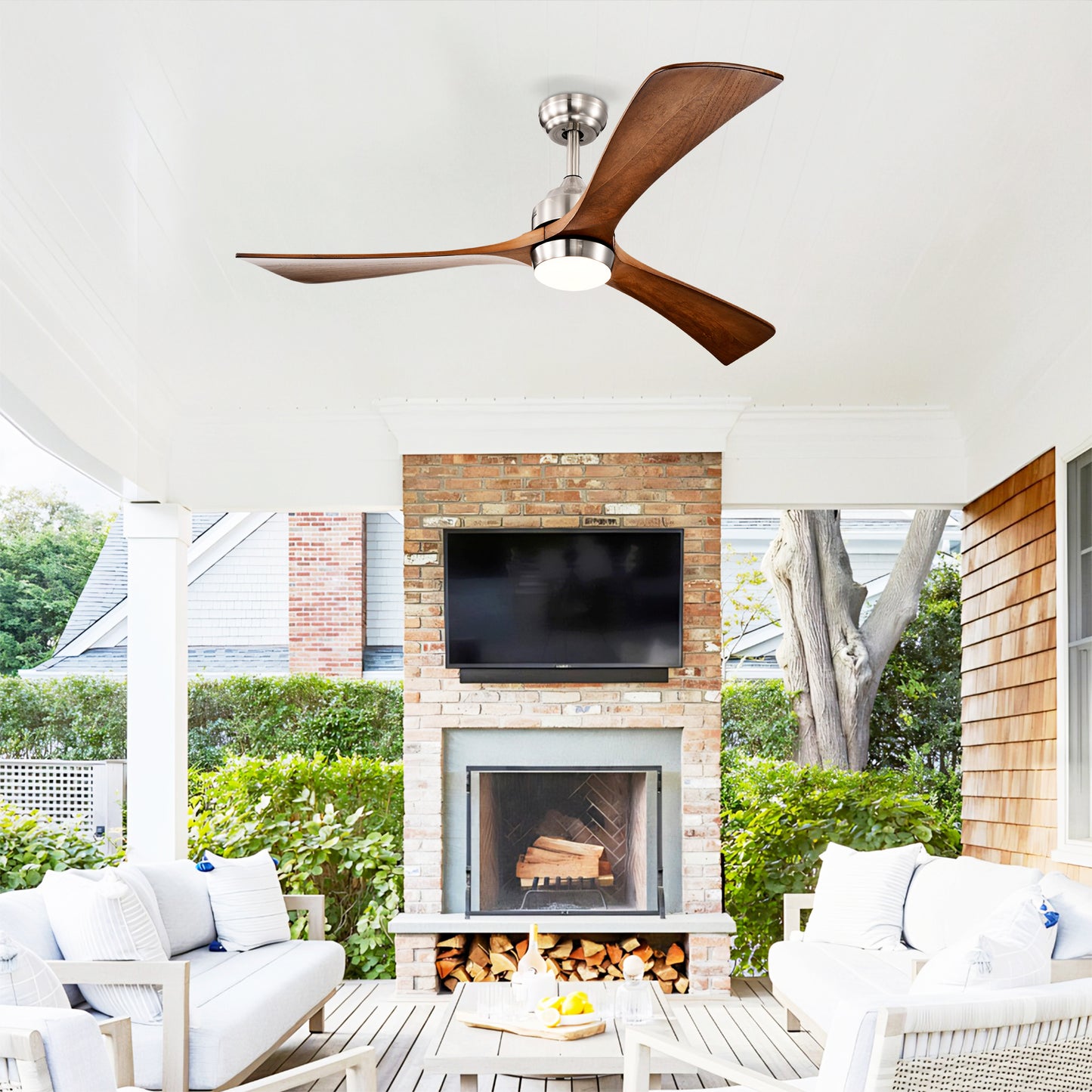 52in Solid Wood Blades Ceiling Fan With Lights Remote Control,Quiet DC Motor 3 Blade Ceiling Fans 6 Speed Levels,Reversible Ceiling Fan, For Patio Living Room, Bedroom, Office,Indoor.  Stain Nickel