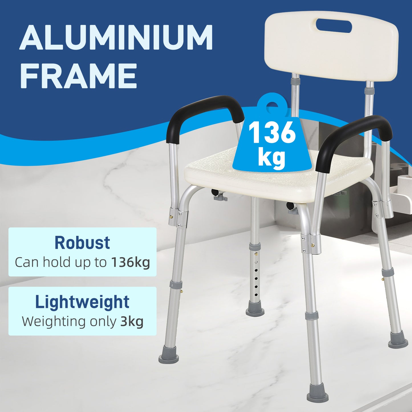 Shower Chair, Mobility Medical Grade Bath Chair, Adjustable Shower Bench with Removable Armrests for Seniors, Handicap, Disabled