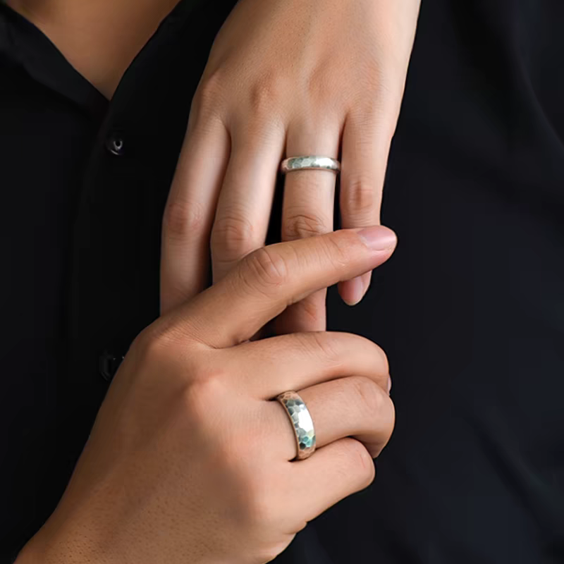 1 Pair 999 Sterling Silver Hammered Texture Couple Rings, Minimalist Retro Promise Rings, Ideal Valentine's Day Gift For Lovers