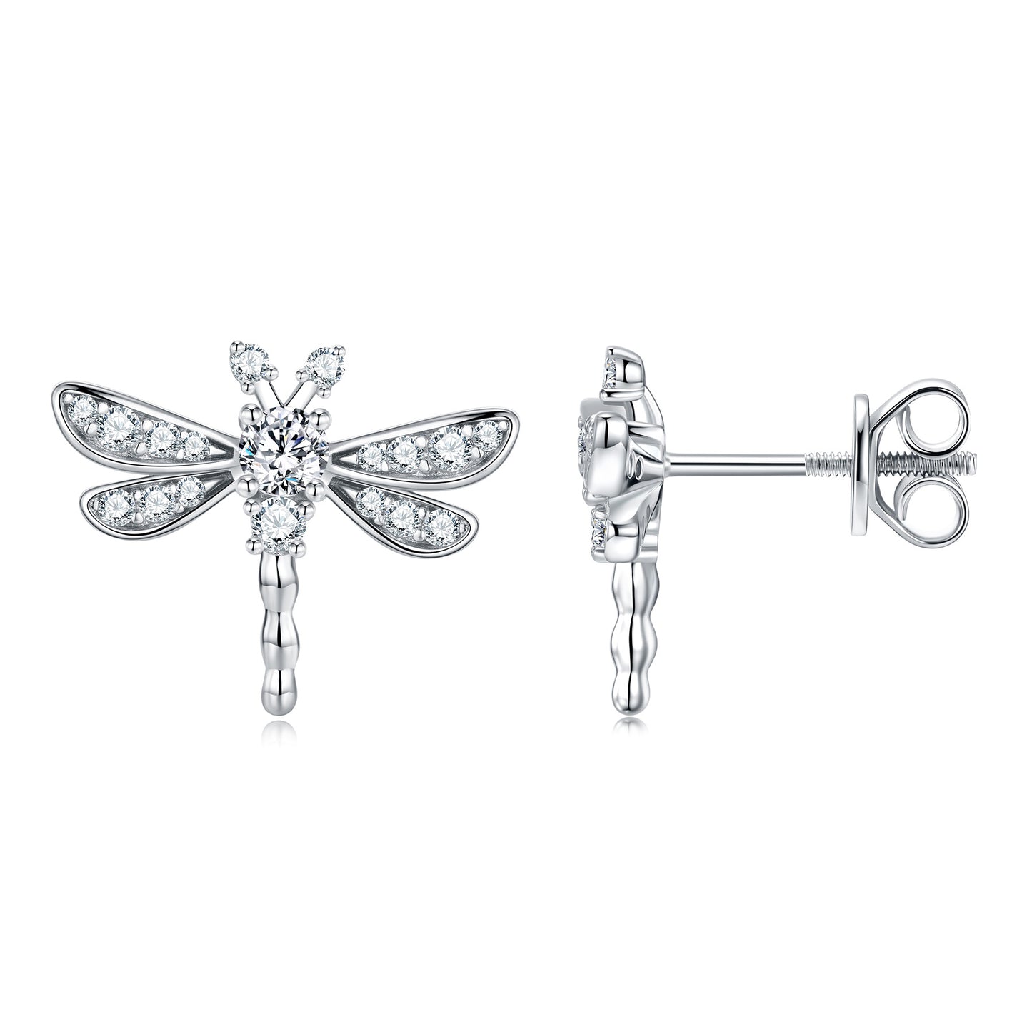 S925 Sterling Silver Dragonfly Stud Earrings, D-VVS1 Moissanite, Platinum Plated 3g, Women's Jewelry Gift Box Set