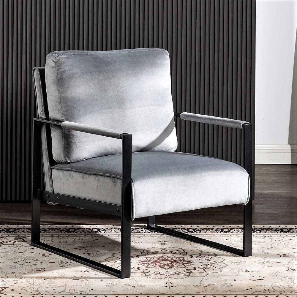 Classic Mid Century Modern Accent Chair With Durable Square Metal Frame, Armchair For Living Room, Bedroom, Home Office In Plush Velvet Upholstery, Grey
