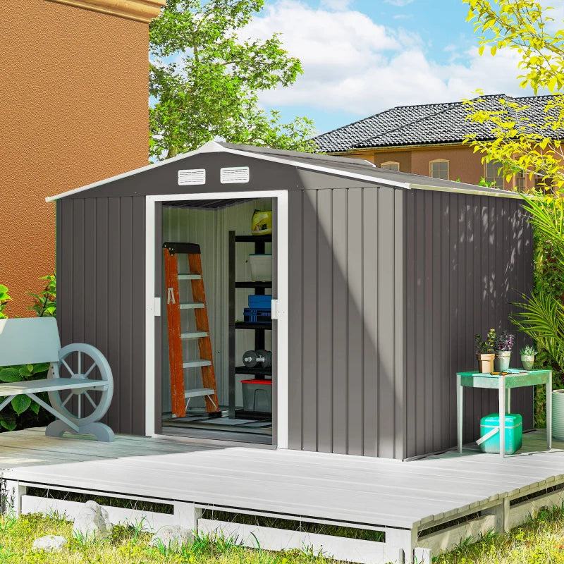 9' X 6' Outdoor Storage Shed, Garden Tool Metal Shed With Foundation Kit, Light Gray