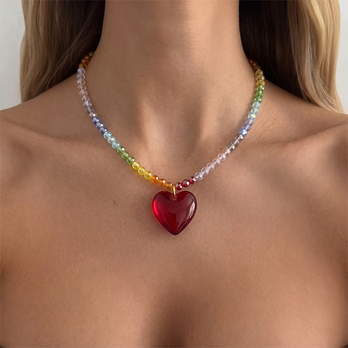 Rainbow Glass Bead Choker Necklace For Women, Stainless Steel Adjustable Chain With Chunky Red Glass Heart Pendant, Colorful Summer Jewelry Gift