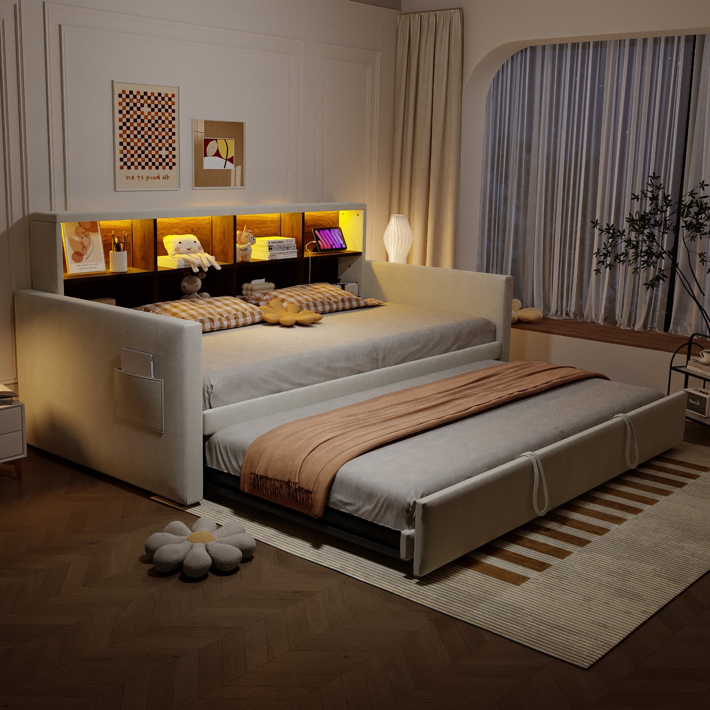 Upholstered Bed Sofa Bed 90x190cm, Headboard With Integrated Storage Compartments, LED Light Strip And Charging Sockets, With Pull-out Bed, Velvet Upholstery, Beige
