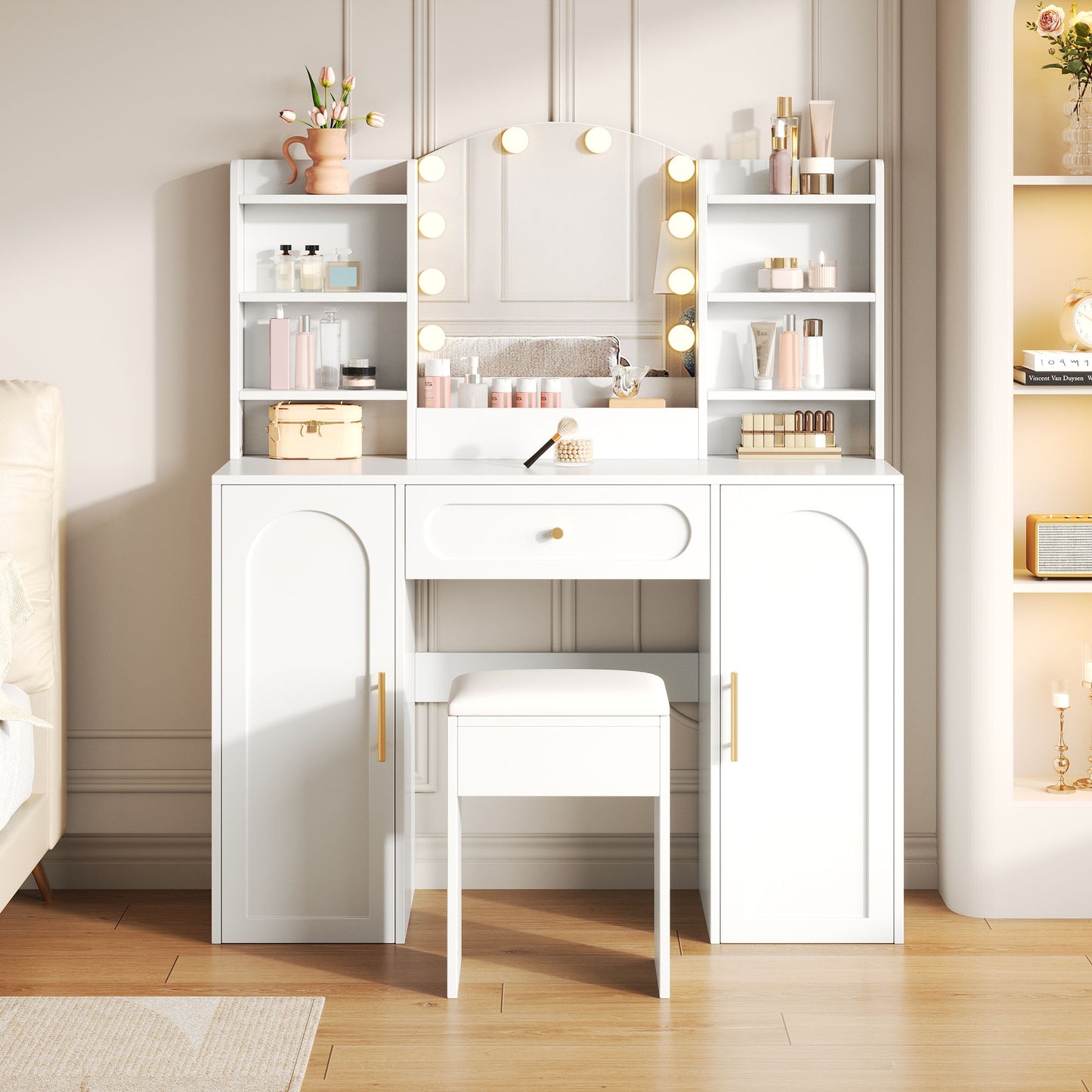 Vanity Table With Adjustable LED Lighting, Mirror And Stool, Featuring 1 Drawer And 2 Cabinet Doors, Modern Style, Perfect For Bedroom, Dimension110 X 40 X 132 Cm