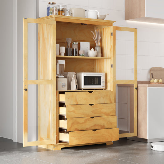 TOPMAx 44.7x20x75inch Kitchen Pantry  Freestanding Kitchen Storage Cabinet Display Cabinet With Glass Doors And 4 Built- In Drawers For Living Room  Home Office  Natural