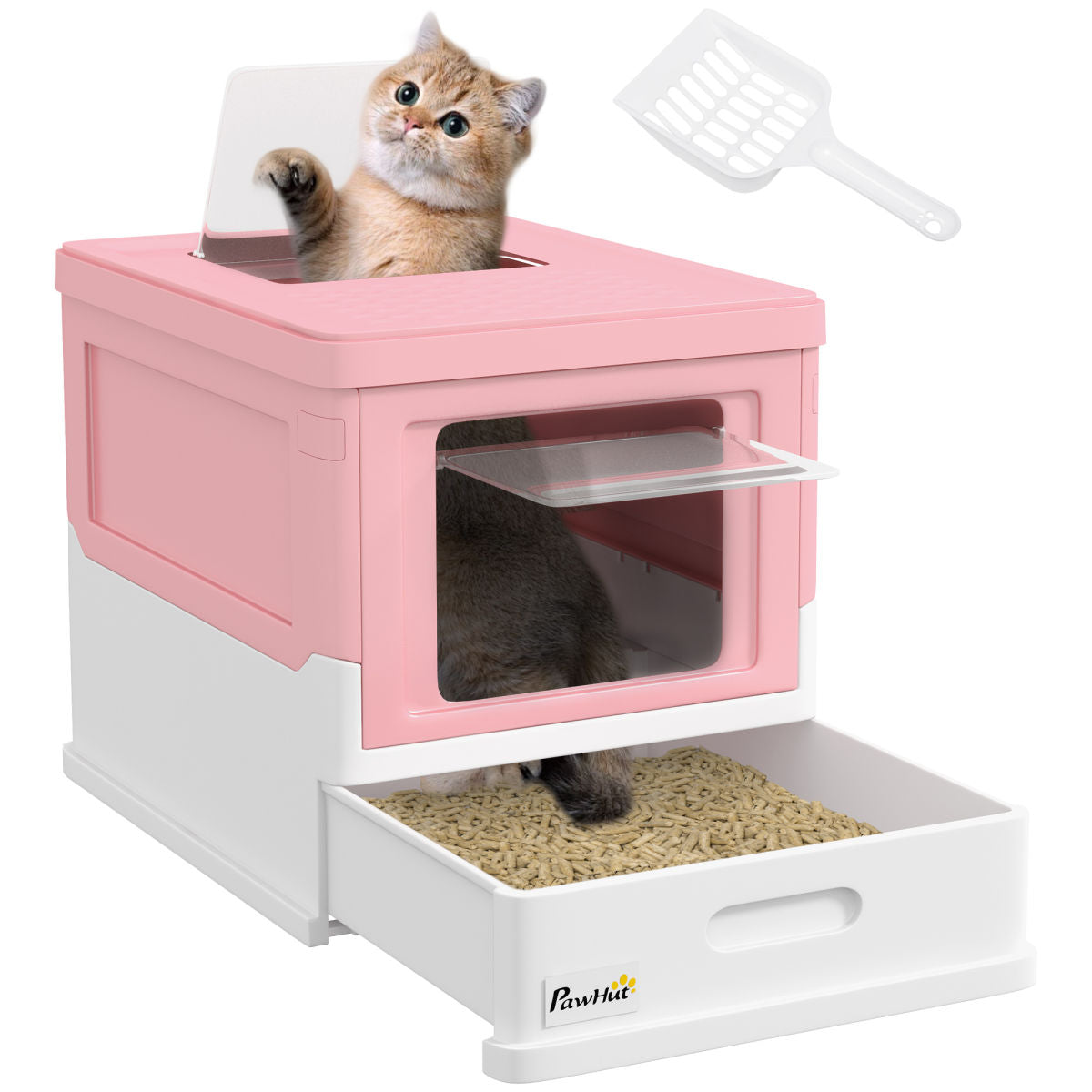 PawHut Hooded Cat Litter Box, Portable Pet Toilet, With Scoop, Front Entry - Pink