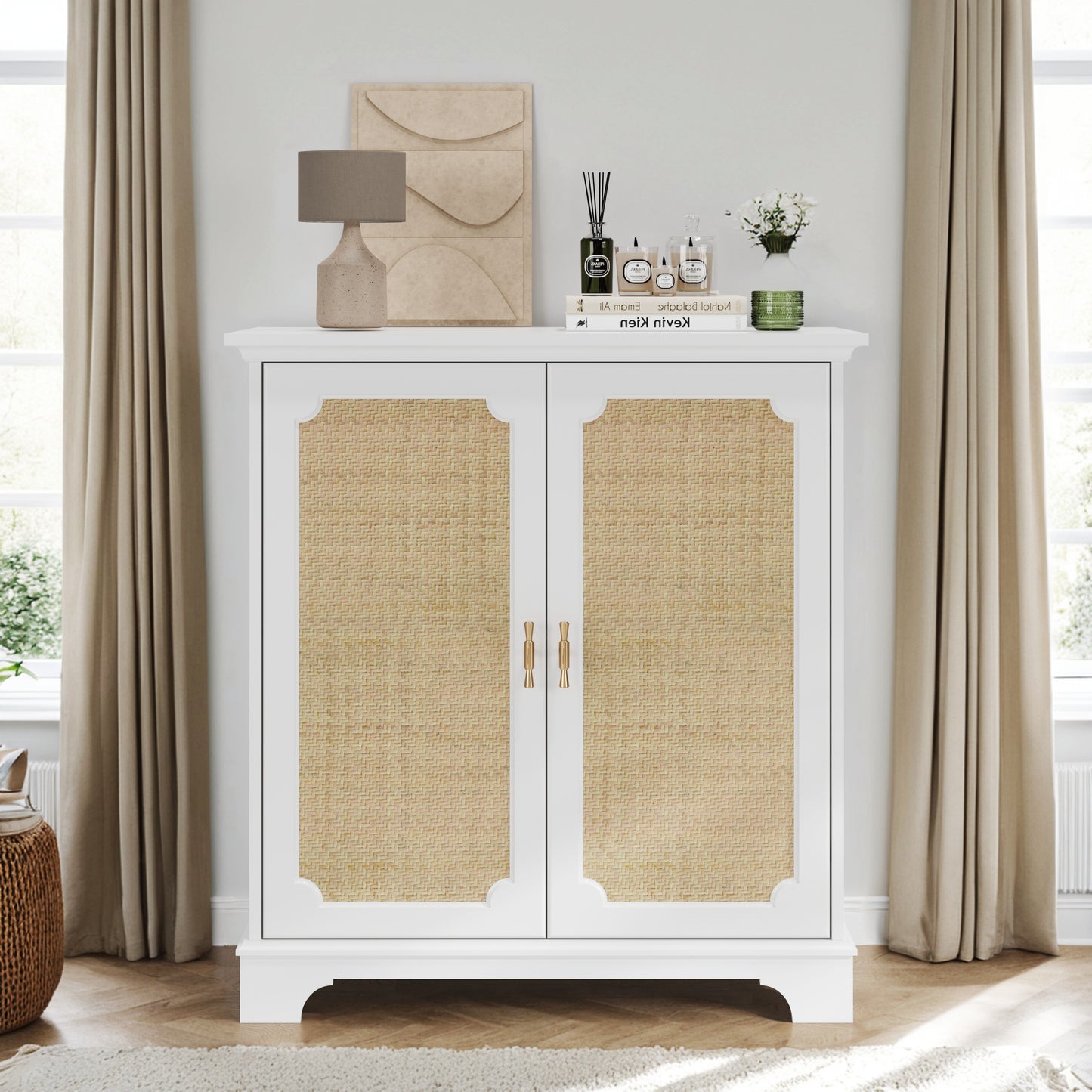 Sideboard, Buffet, Wine Cabinet With Rattan Decorative Doors, Kitchen Buffet, Console Table, Decorative Cabinet For Hallway, Entrance Area And Living Room