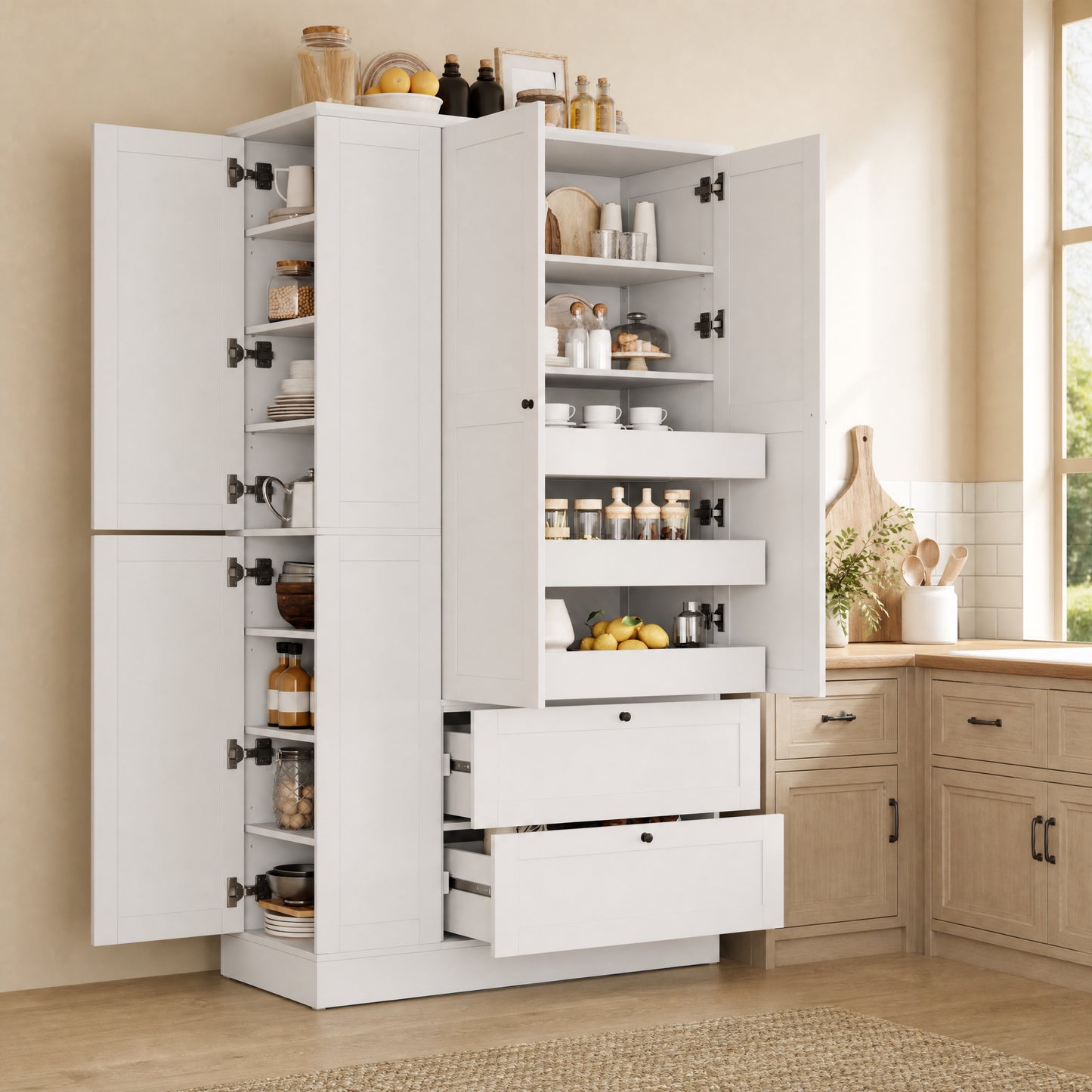 TOPMAX 73.6  Tall Farmhouse Kitchen Pantry Cabinet With 7 Shelves, 2 Drawers, 3 Pull-Out Trays, 6 Doors And Side Cabinets For Kitchen & Dining Room, White