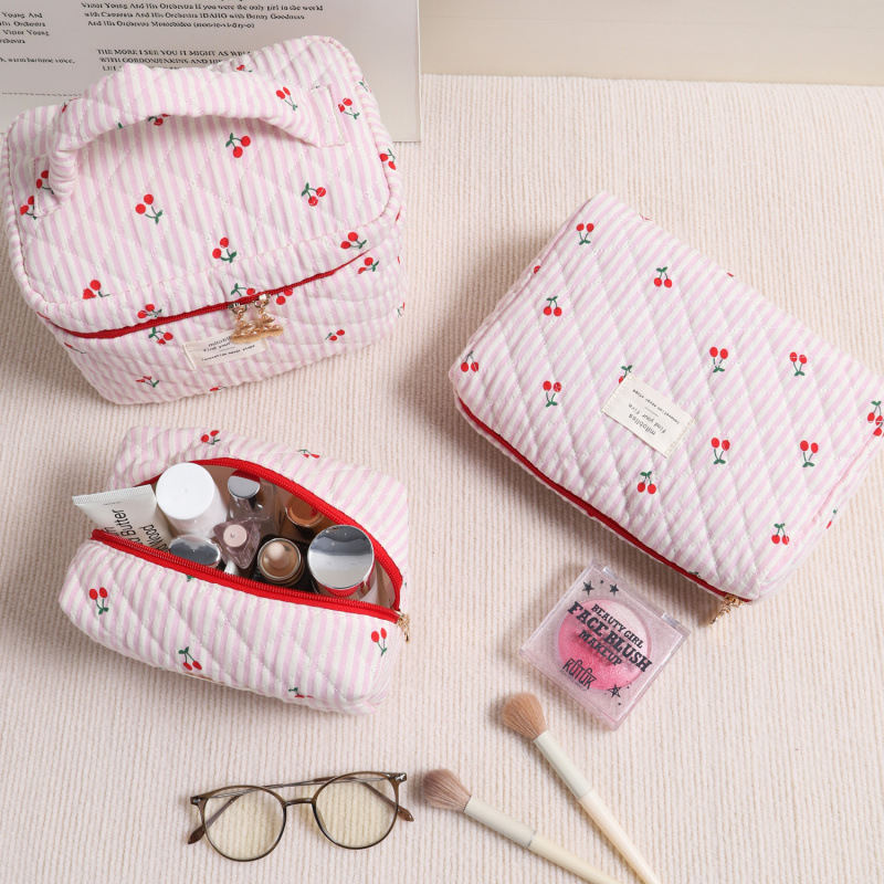 Girly Quilted Cherry Colorblock Striped Makeup Bag