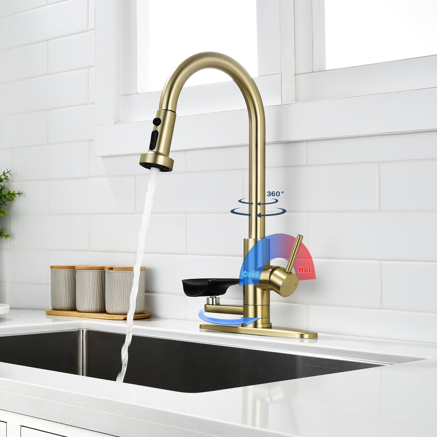 3-in-1 Kitchen Faucet With Press-Type Glass Rinser, Universal For 1 & 3 Holes, High-Arc Pull-Down Sprayer With 3 Function Spray Mode, Brushed Gold Finish