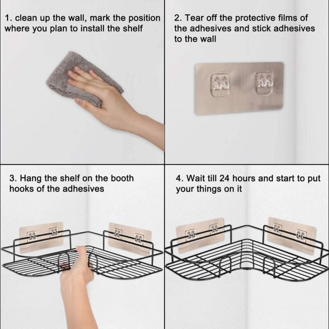 Shower Corner Shelf No Drilling, Bathroom Accessories 8 Adhesive Stickers, Kitchen Storage  Black